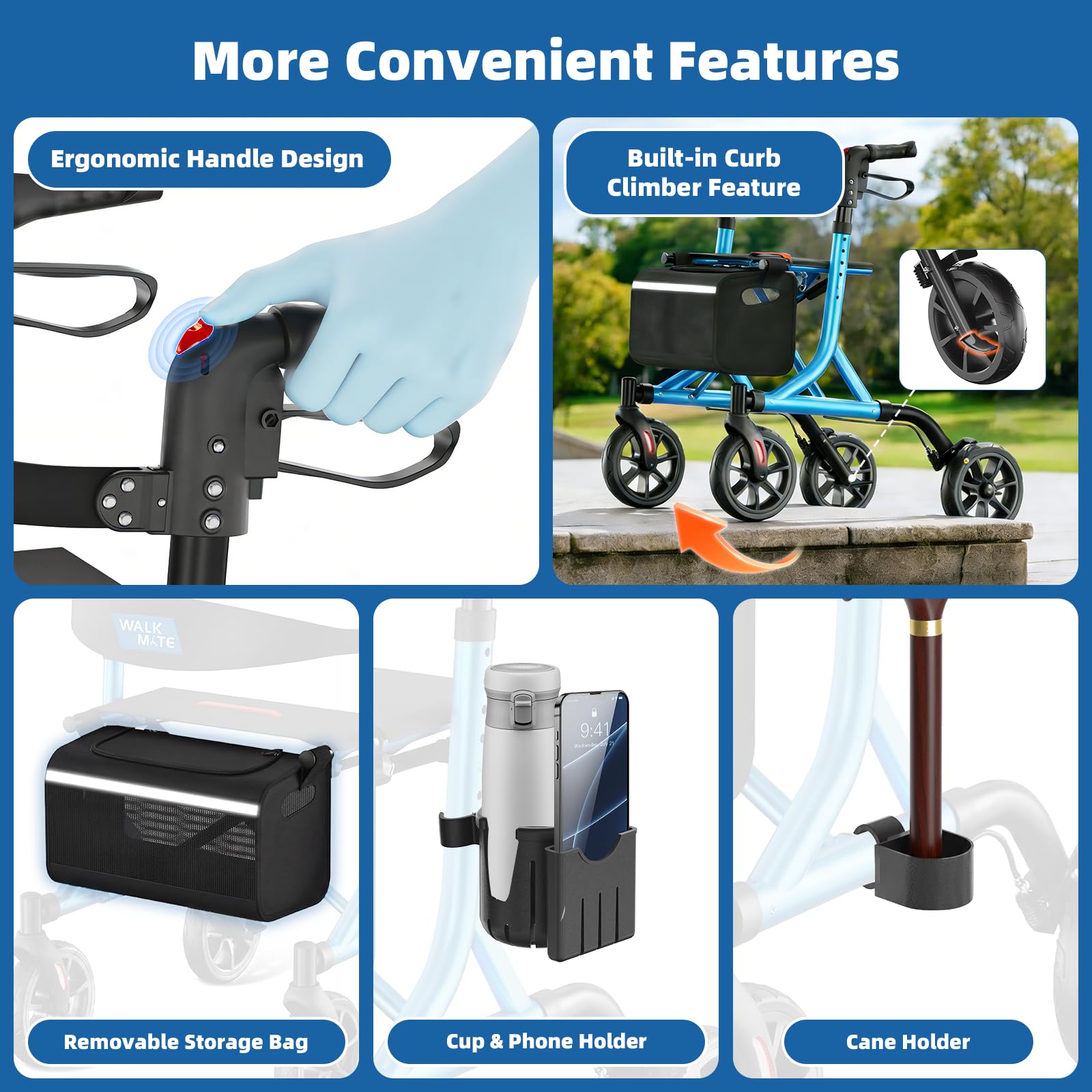 WALK MATE Rollator Walkers with Seat Back Support for Seniors Adults, 8 Inch Wheels Rollator Walker with Cup Holder Compact Folding Design Lightweight Mobility Walking Aid Aluminium Frame, Blue