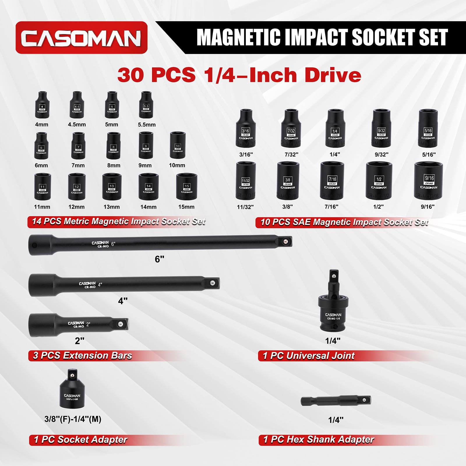 CASOMAN Set di 30 bussole magnetiche a impatto basso da 1/4", 6 punti, CR-MO, SAE e metrico, include barre di estensione, adattatori per prese e codolo esagonale, giunto universale