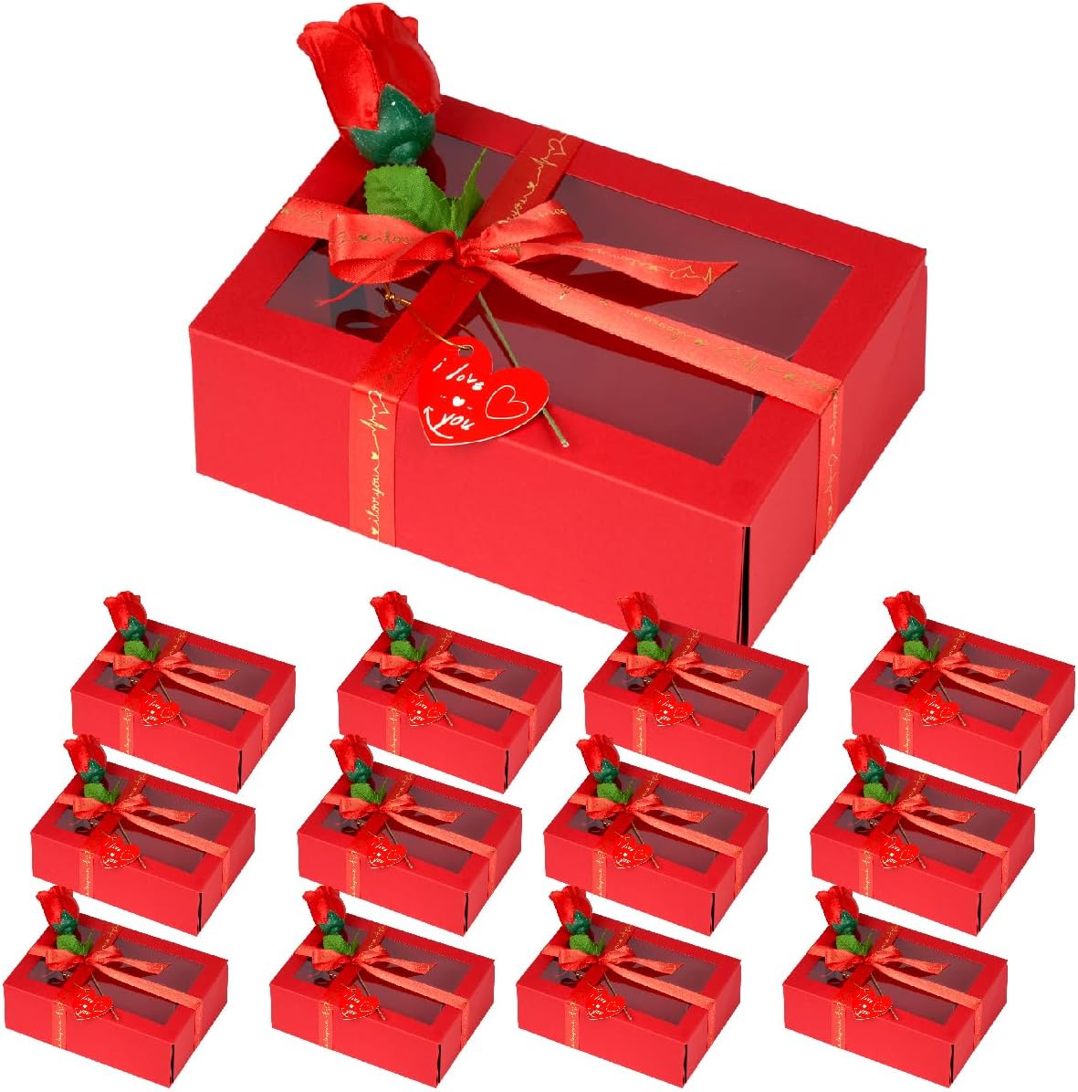 TIMBLESSING 12 Pack Valentine‘s Day Gift Boxes Set with Clear Window, Red Gift Box Includes LOVE Ribbon, Faux Rose & Heart Tag, Pre-Folded Ready-to-Use, 8.7x5.9x2.8 Inch for Holiday Gift Wrapping