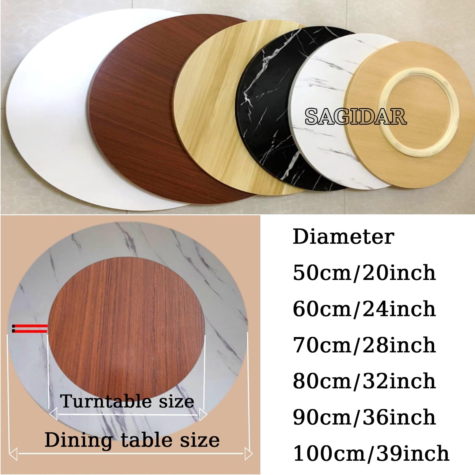 SAGIDAR Grand Plateau Tournant De Table À Manger, Plaque De Service Rotative, Plateau Rotatif en Bois Rond, Diamètre 50cm-100cm, Pas Facile À Incliner, Robuste Et Durable, Roulement Silencieux