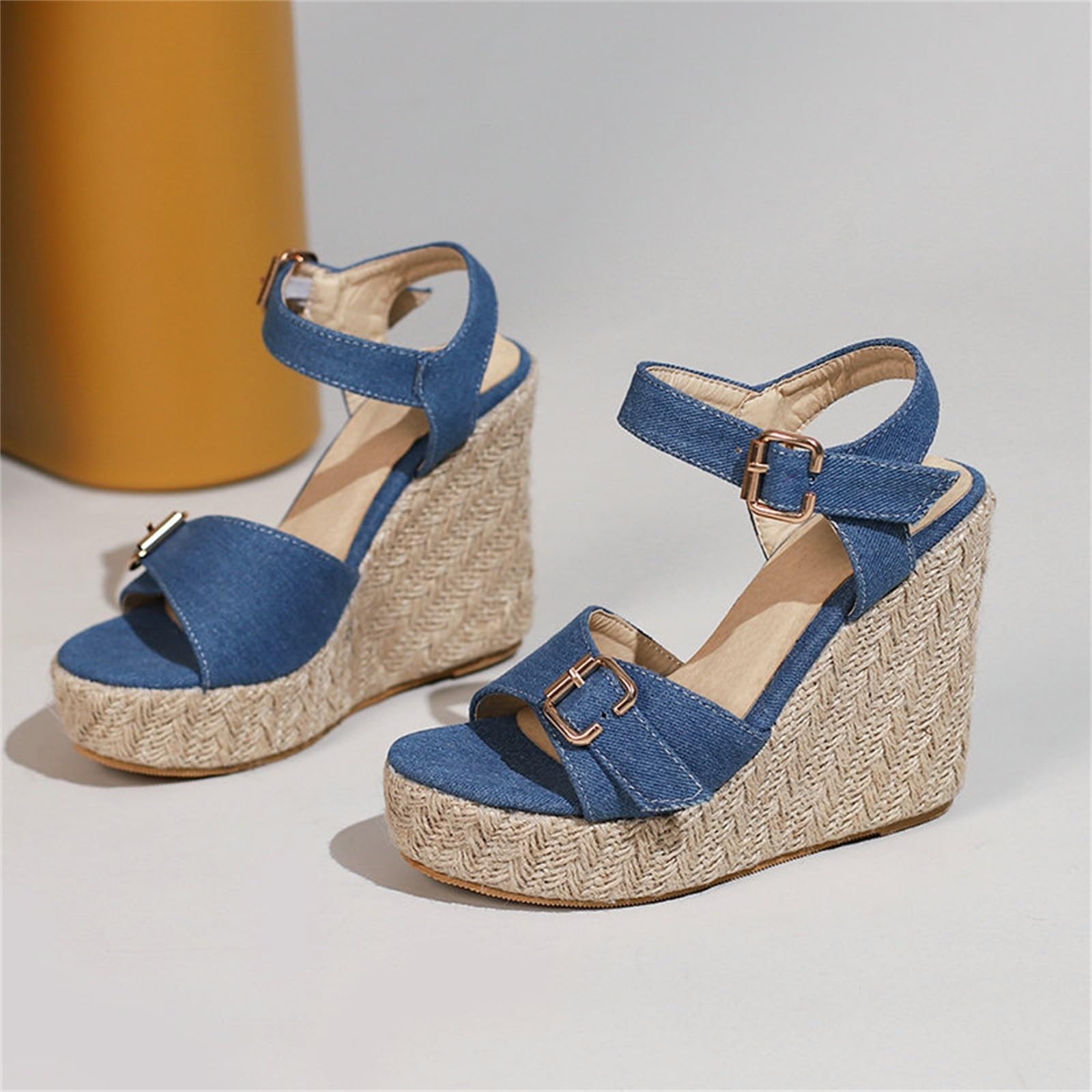 Genérico Sandalias Plataforma Mujer Ortopedicas de Verano Zapatos de Mujer Sandalias Vaqueras con Cuña Novedad Verano Hebilla Cinturón Pescado Hebilla Cuñas Esparto
