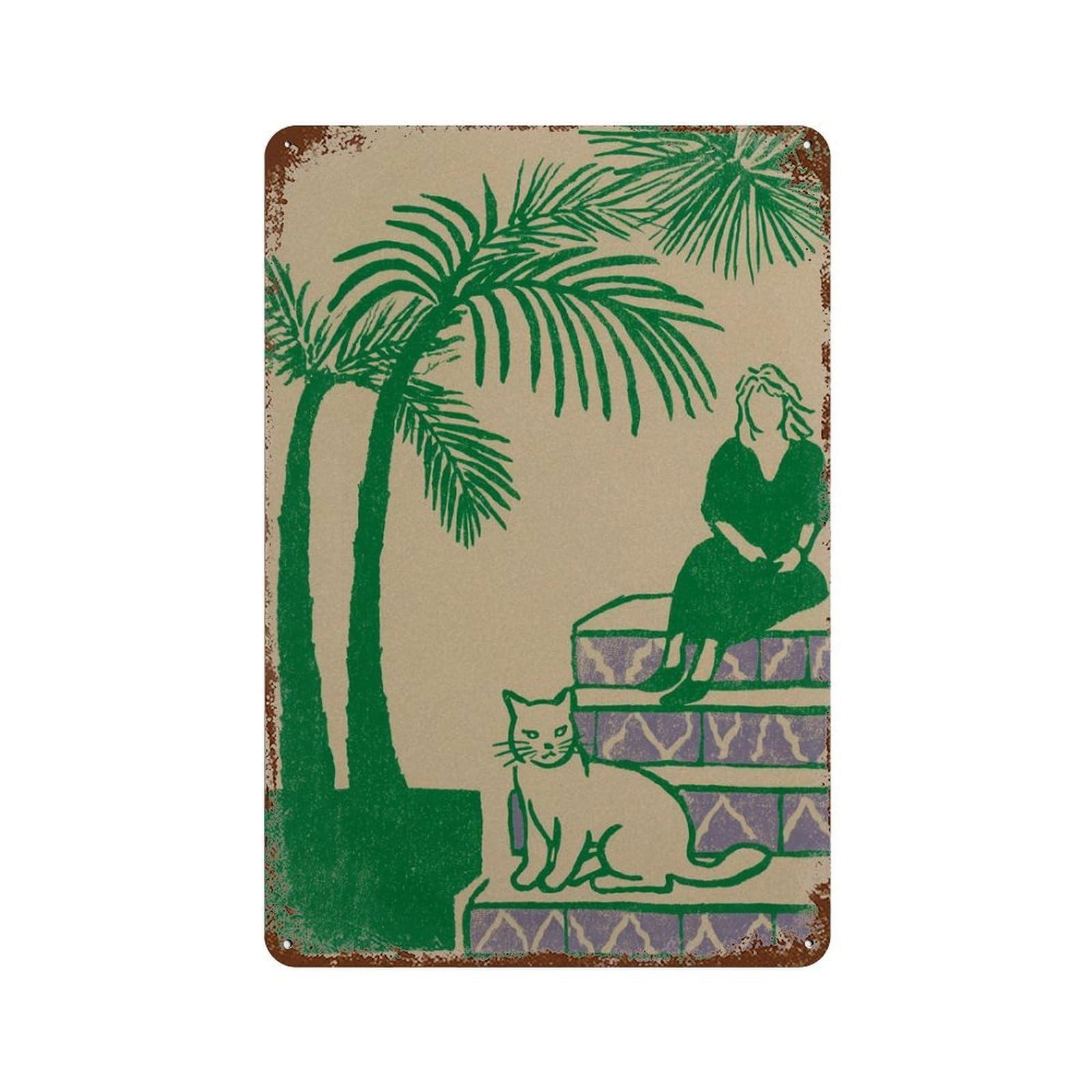 xiaoxiaoshen Green Palm Figurative Cat Tropical Woman Minimal Living Room Mid Century Wall Decor Art Metal Tin Poster Modern Home Decor Art Home Bar Shop Decorations Vintage Sign 30x20cm