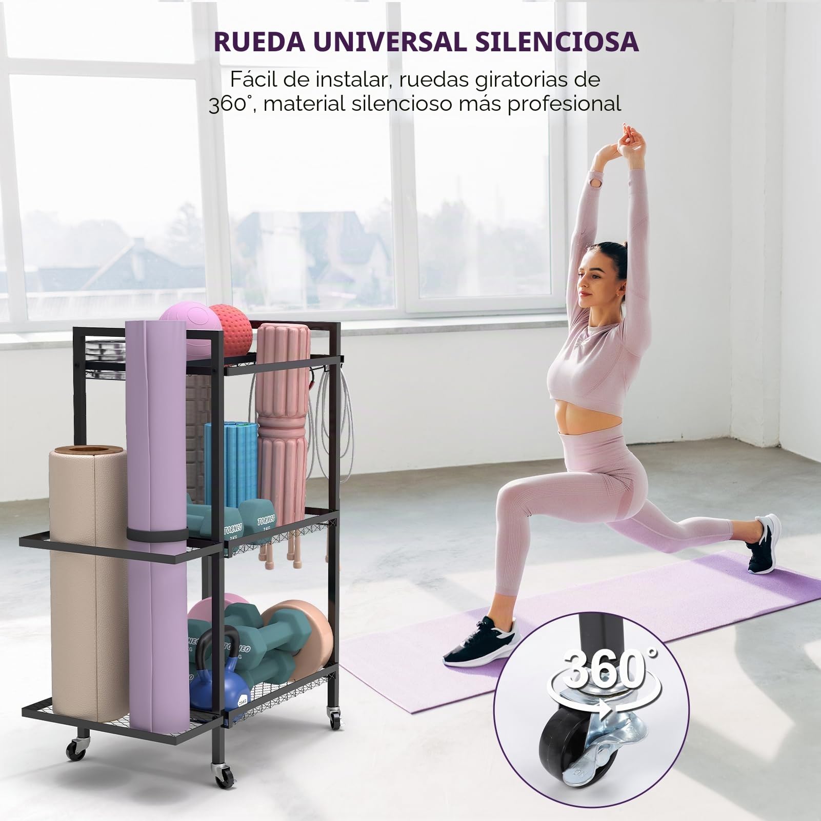 Esterilla de yoga para almacenamiento, esterilla de deporte, 3 niveles, estantería en estantes, metal con recubrimiento de polvo, 35,1 cm x 14,9 cm x 44,2 cm, portátil, ahorra espacio, 3