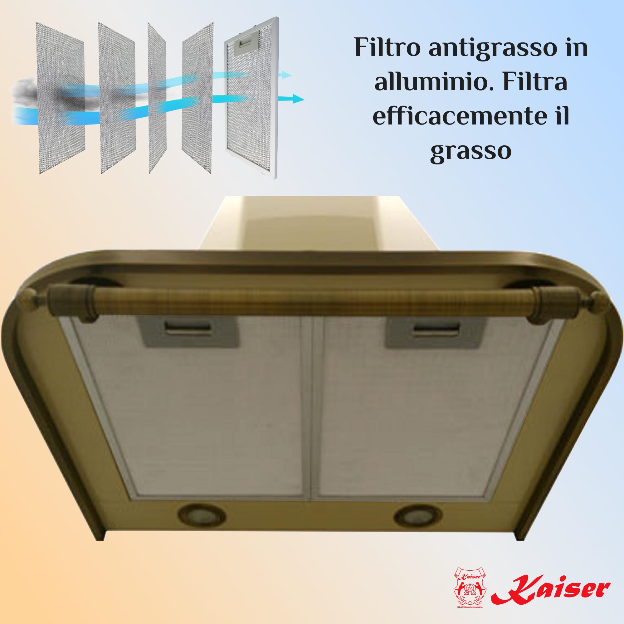 Kaiser Empire 9315 ElfEM Cappa Aspirante 90 cm Avorio Bronzo • Cappa a Parete in Stile Retrò • Motore 910 m³/h • Aspirazione e Ricircolo • Filtro Antigrasso in Metallo • incl. Filtro Carbone Attivo