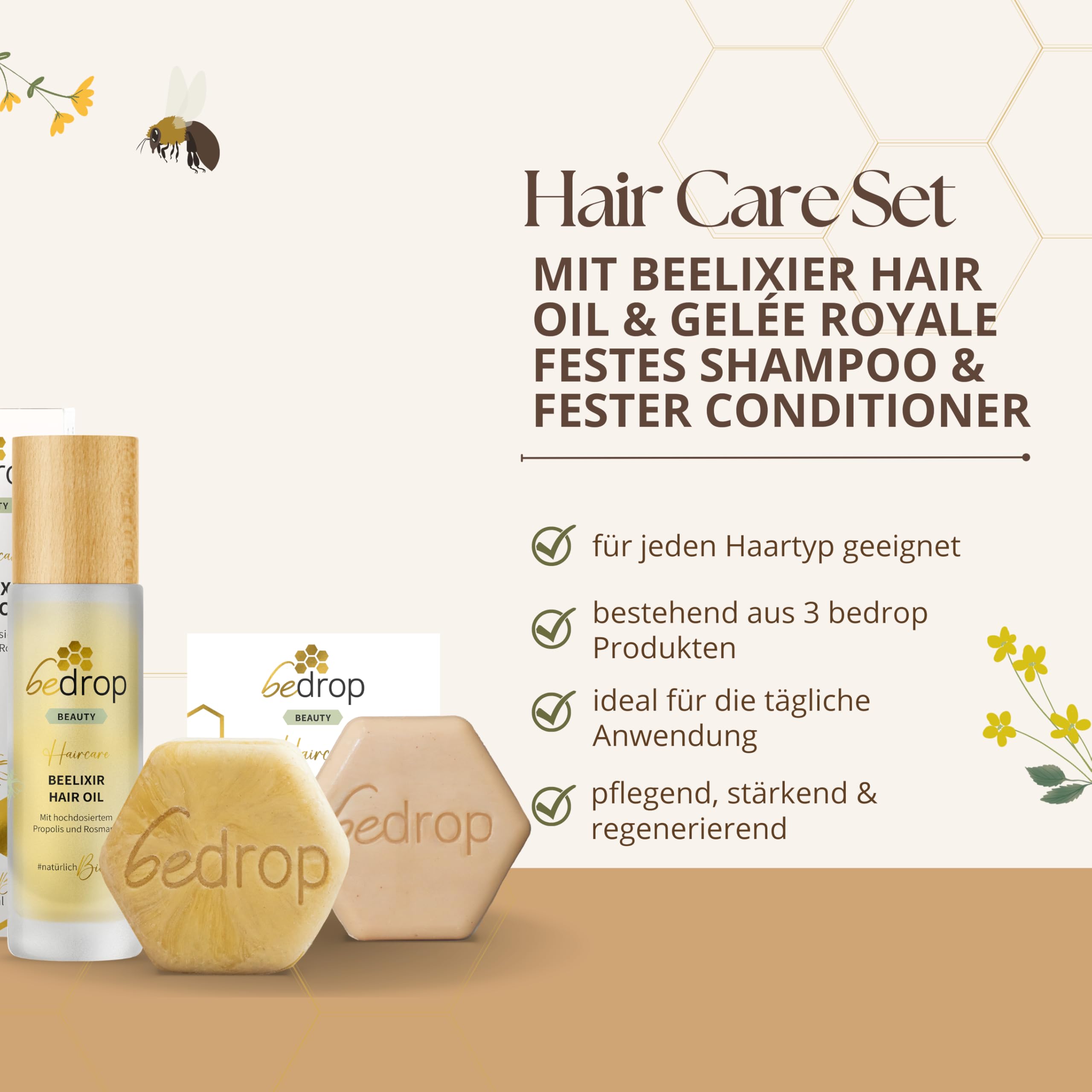 bedrop Hair Care Set | BEELIXIR Haaröl Hair Oil, Gelée Royale festes Shampoo, BEELIXIR fester Conditioner bei beanspruchtes Haar & Haarwachstum mit Rosmarinöl, Propolis & Manuka Honig
