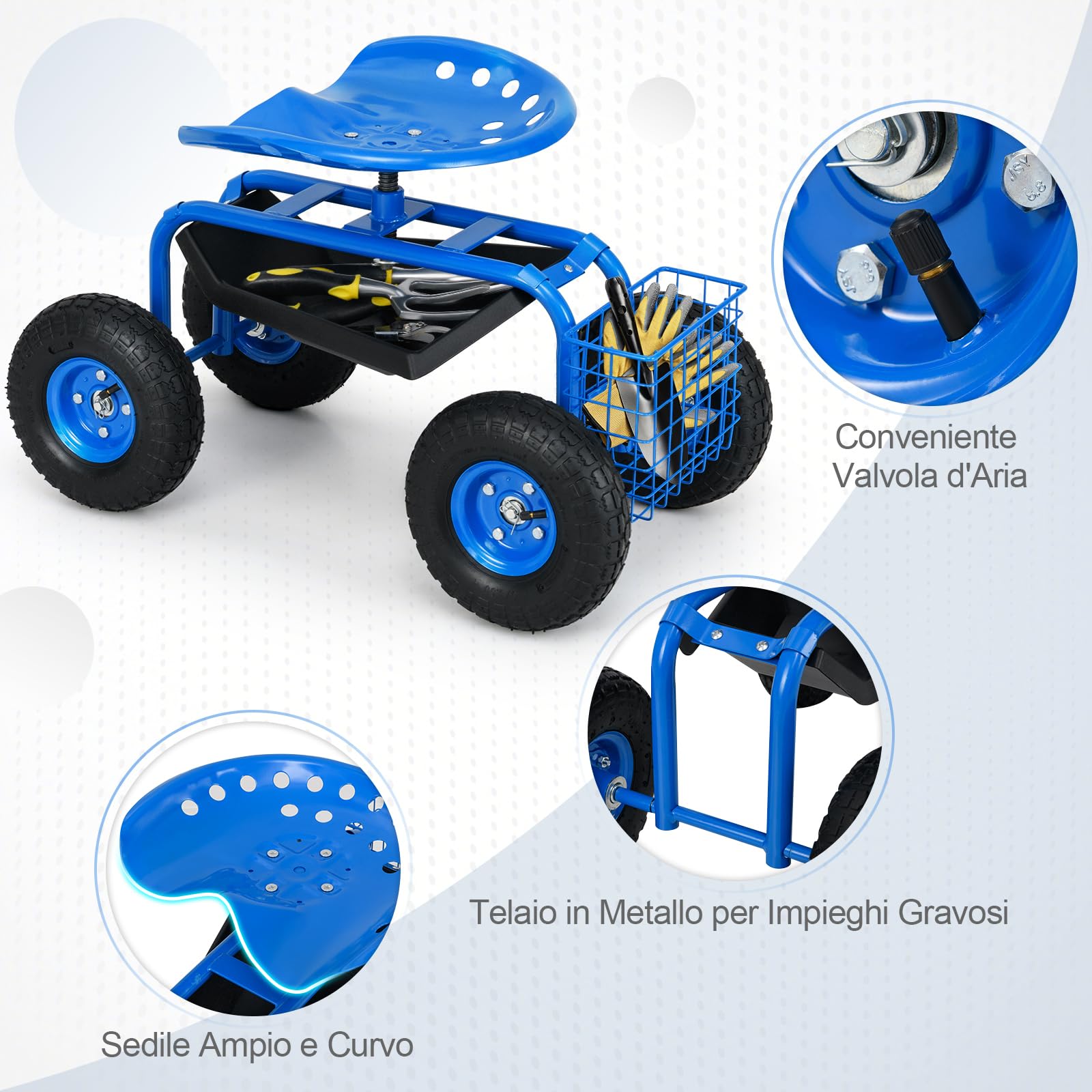 RELAX4LIFE Sgabello da Giardino per Esterno, Portata 130 kg, Sedia Carrello da Giardino con 4 Rotelline, Altezza Regolabile, Sgabello per Giardinaggio Potatura Orto (Blu)