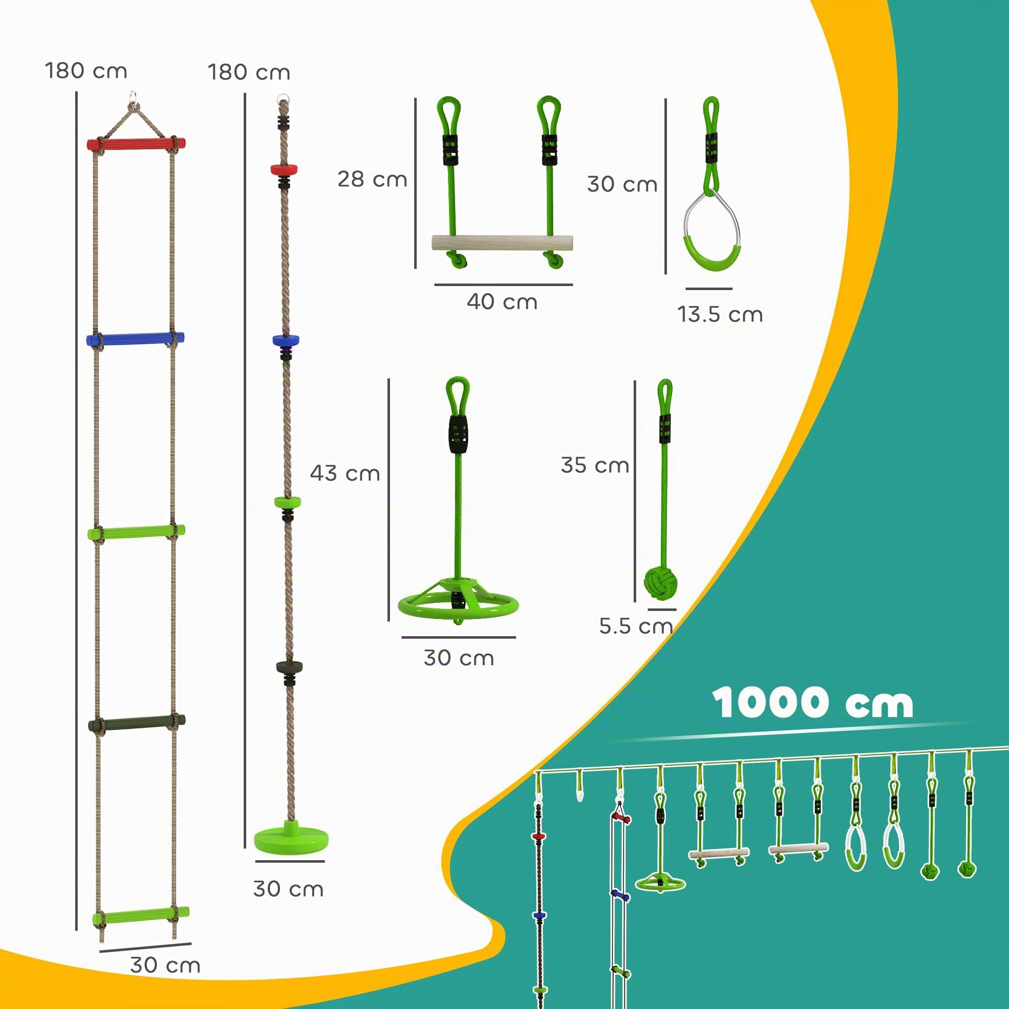 AIYAPLAY Ninja Slackline 10 m pour Enfants Ninja Warrior Ensemble de Parcours d'obstacles avec Anneaux de Gymnastique Slackline, Roue de Spinner, balançoire, Barres d'escalade, Plateau Suspendu,