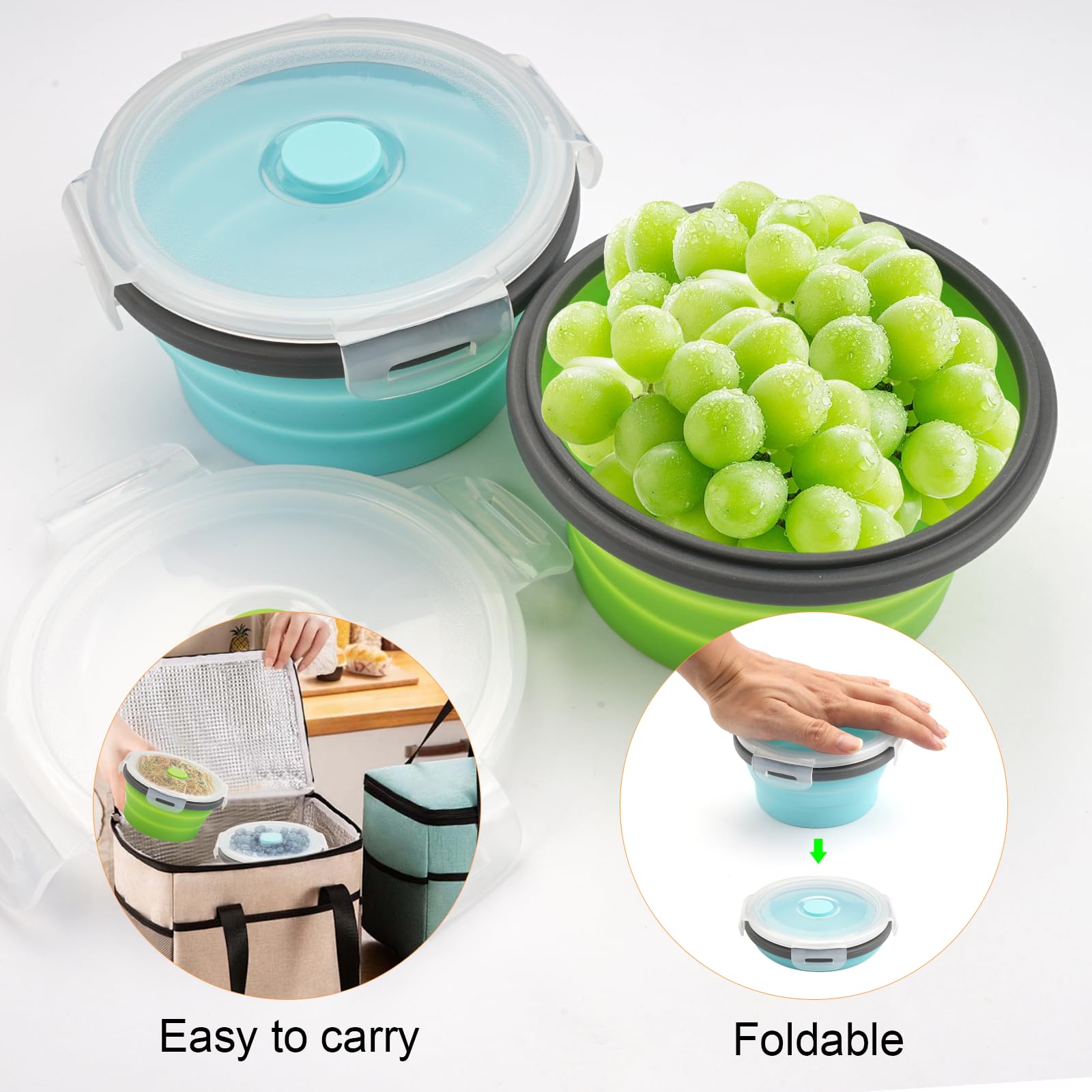 2 Pezzi Ciotola Pieghevole Campeggio, 350ML Ciotola da Campeggio Portatile, Contenitori Pieghevoli per Alimenti in Silicone, Ciotola Insalatiera Pieghevole con Coperchio per Campeggio, Escursionismo