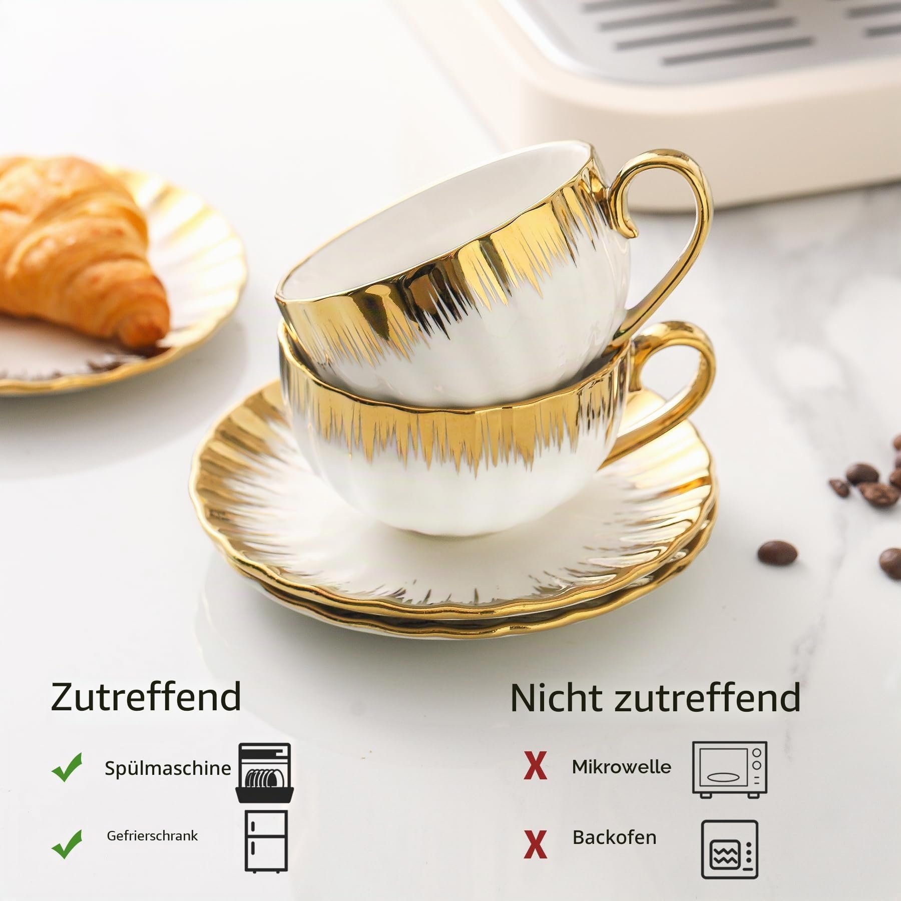 LETAOTAO Cappuccinotassen mit Untertassen, 200 ml, Porzellan, Doppel-Espressotassen, Keramik, türkische Kaffeetassen mit Goldrand, Teetassen 6er-Set, Café-Tassen für Latte, Mokka, Au-Lait, Weiß