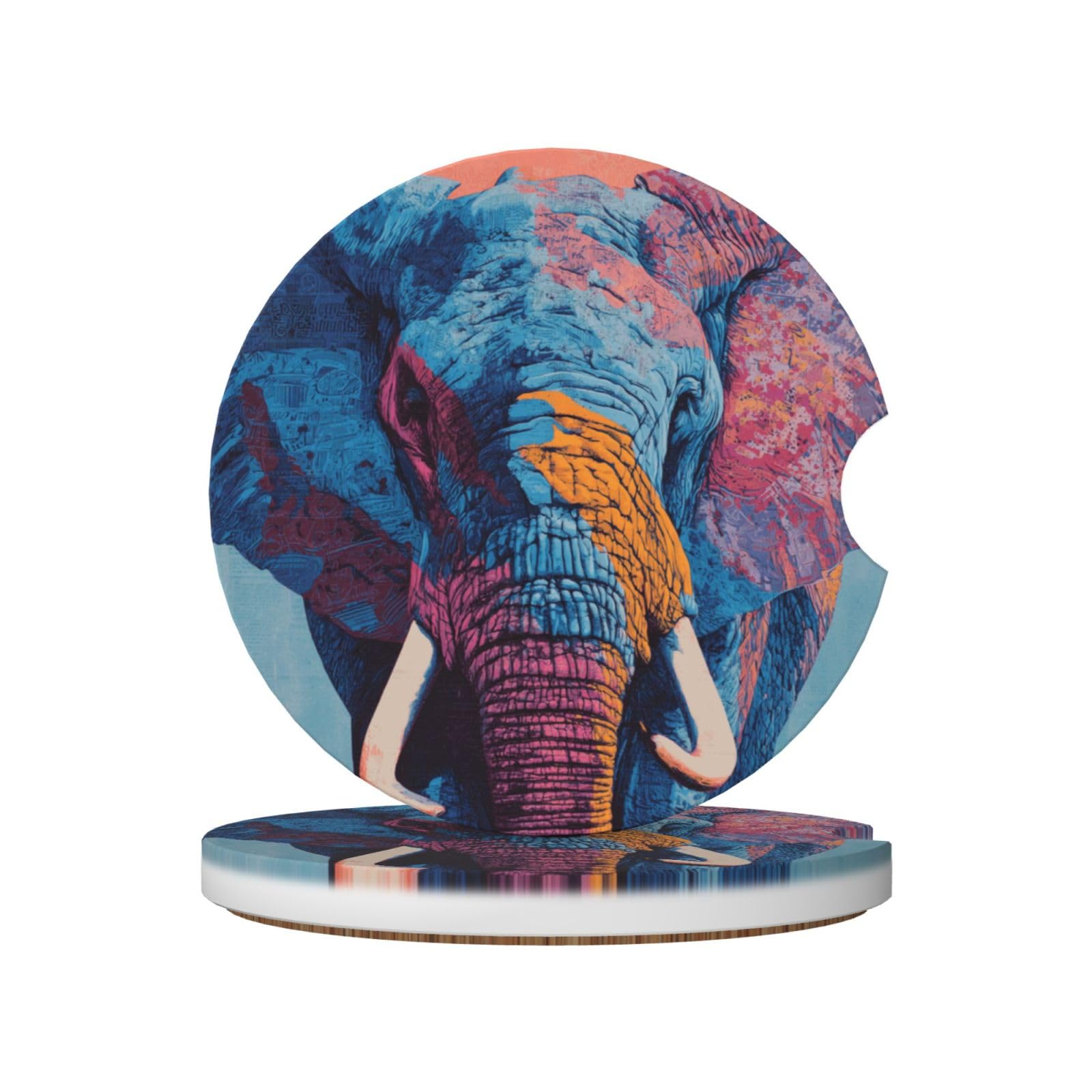 Colorful Head of an Elephant Ceramic Coasters,2pcs