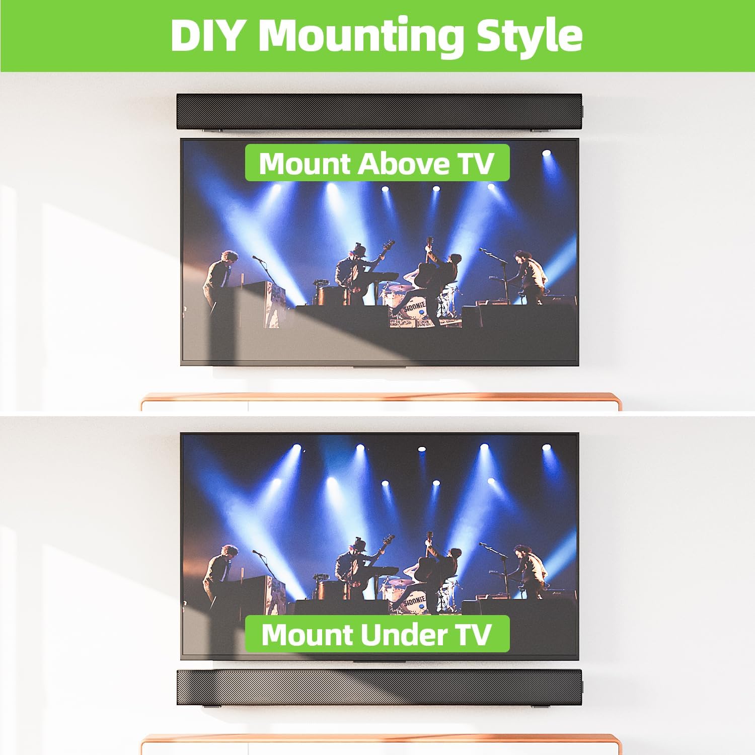 Diagram illustrating flexible mounting options: installing the soundbar mount either above or below the television.