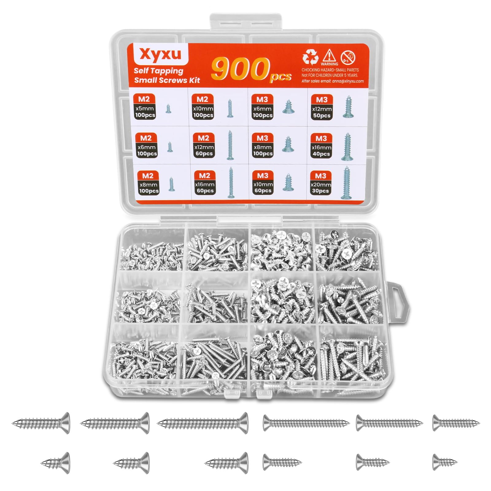 Xyxu Small Wood Screws Assortment, 900PCS M2, M3 Flat Head Self Tapping Screw Set