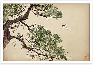 Vintage Japanese Pine Tree Wall Art Oriental Asian Landscape Sparrows Canvas Posters Japan Scenery Room Aesthetic Prints Painting For Living Room Bedroom Wall Decor 8x12in Unframed