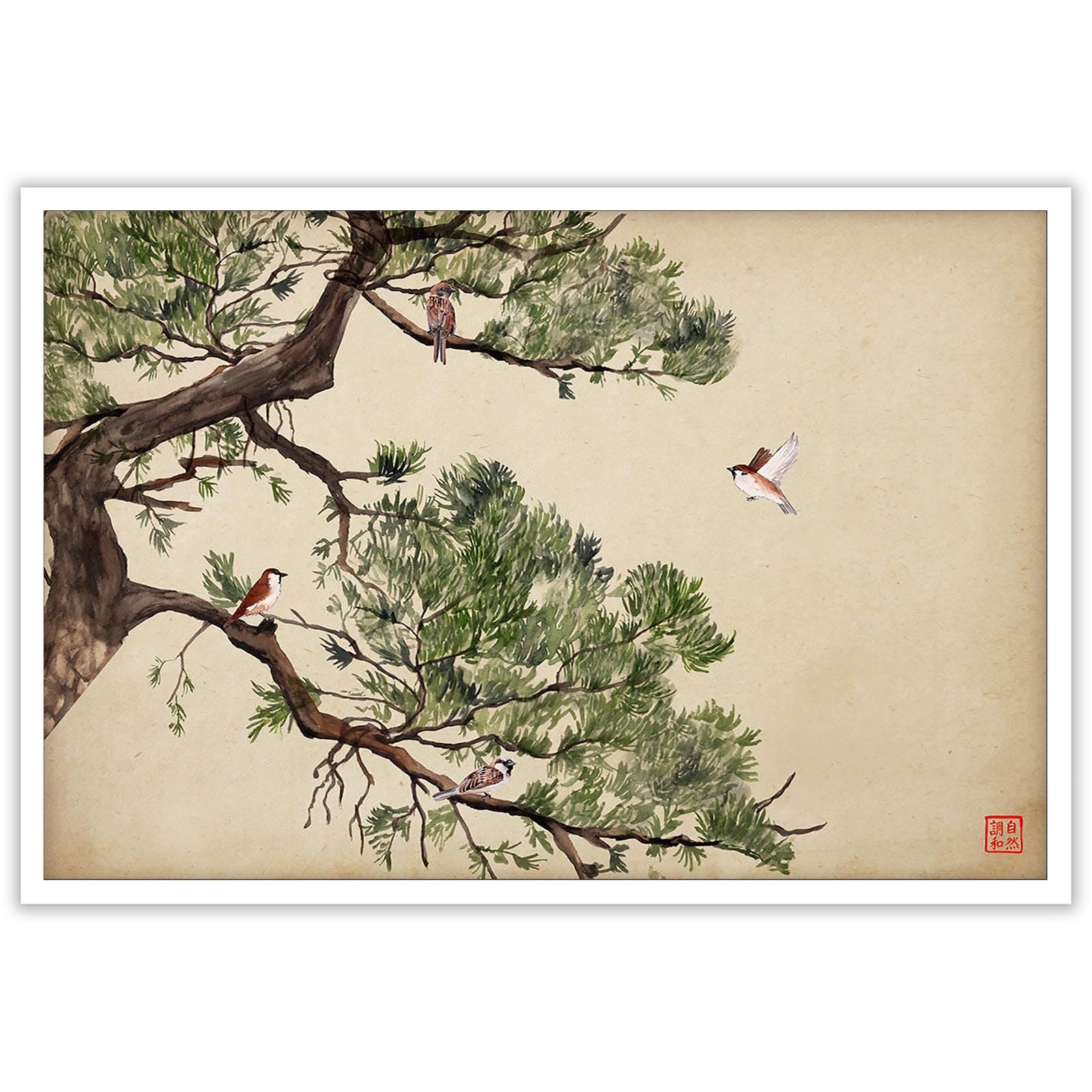 Vintage Japanese Pine Tree Wall Art Oriental Asian Landscape Sparrows Canvas Posters Japan Scenery Room Aesthetic Prints Painting For Living Room Bedroom Wall Decor 24x36in Unframed