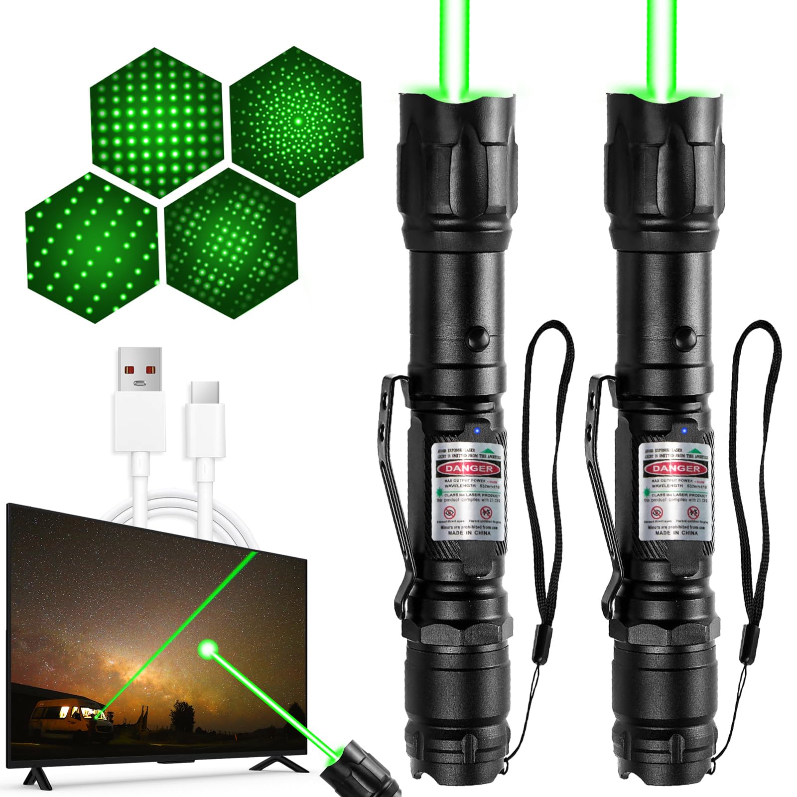 Photo 1 of [2 Packs] Rechargeable Green Laser Pointer High Power Green Beam Light Long Distance Range For TV/LED/LCD Screens Tactical Flashlights Presentation Office/Outdoors/Astronomic/Construction [005]