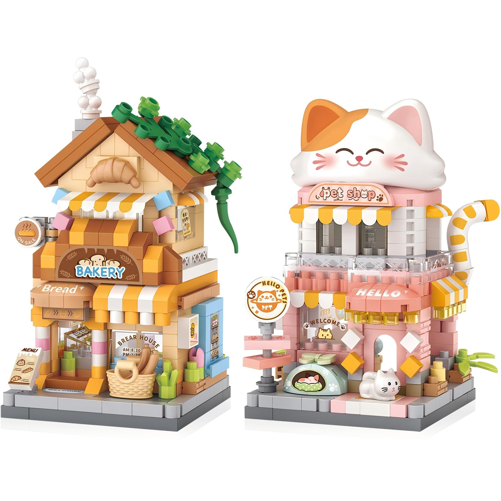 MEIEST 2 Packs Mini City shop Street View Building Blocks Set,Simulation Architecture Collection Construction Building Bricks Toy,Home Decor (Pet Shop+Bakery)