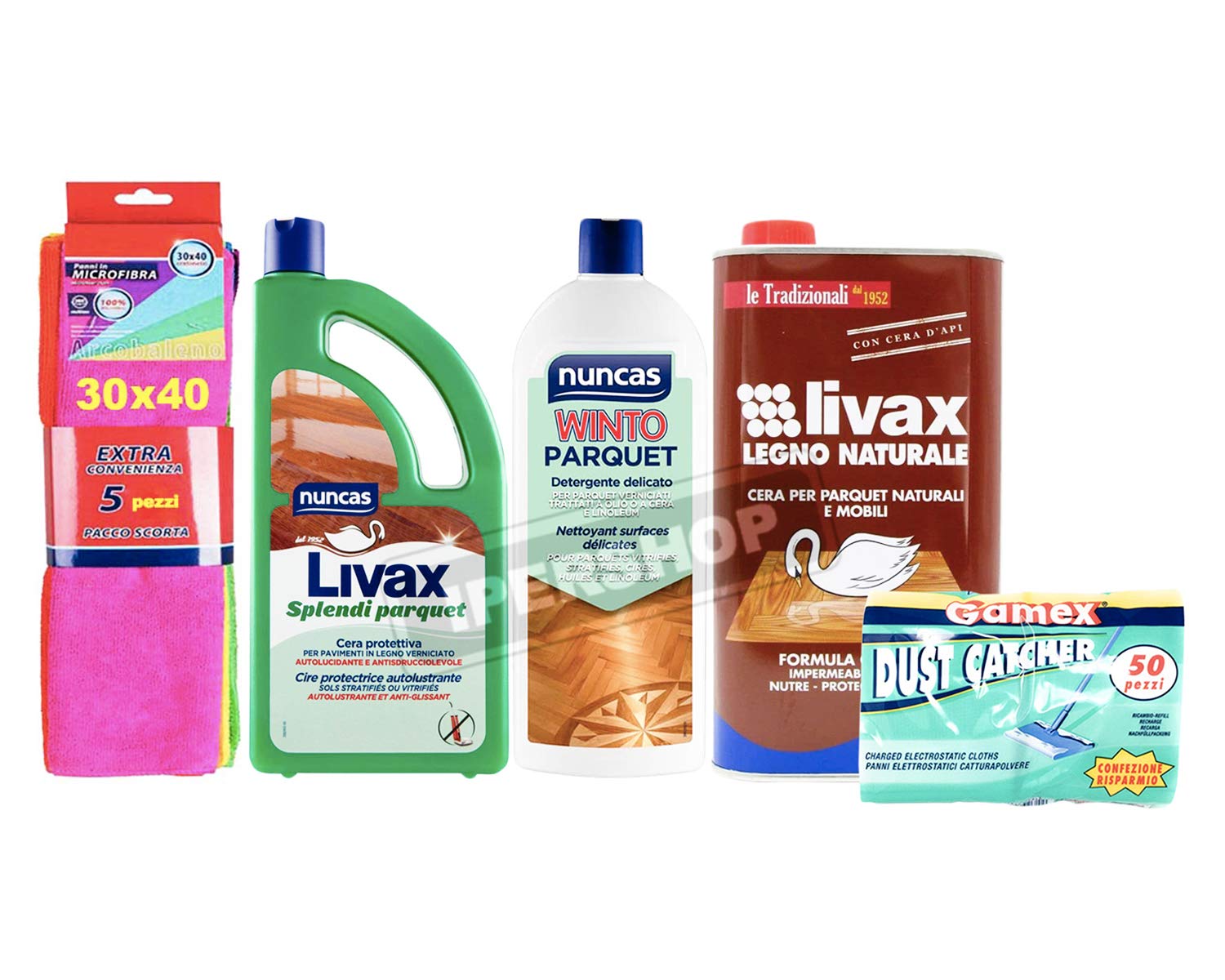 SET : LIVAX SPLENDI PARQUET 1LITRO+ WINTO PARQUET 1LITRO+LIVAX LEGNO NATURALE + PANNI GAMEX+ Pacco 5 Pezzi Panni Microfibra 30X40 cm
