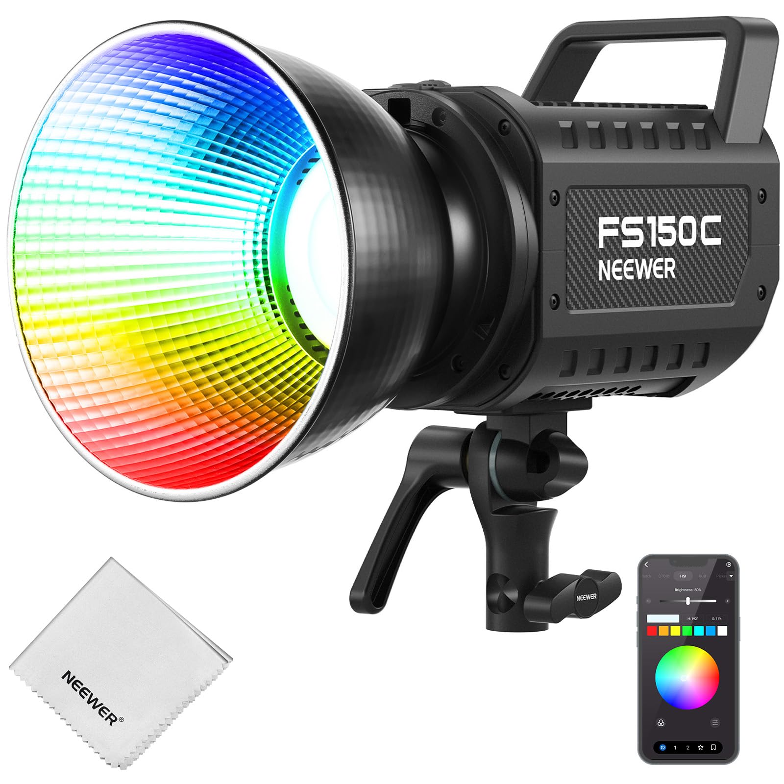NEEWER 130W RGB LED Vidéo Light APP/2.4G Contrôle, COB Continu Studio Key Lighting,17 Effets 2500-7500K 19800lux CRI97 4 Courbes de Gradation, Bowens Spotlight pour Vidéo Streaming,FS150C