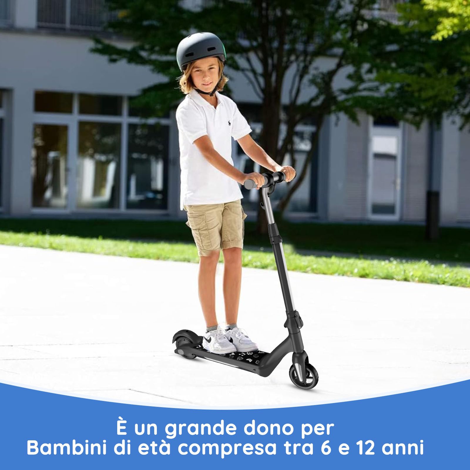 Monopattino elettrico per bambini 6-12 anni, motore 80W, autonomia 8 km, capacità 50 kg, pieghevole con display LED e luci arcobaleno, velocità regolabili, regalo per bambini