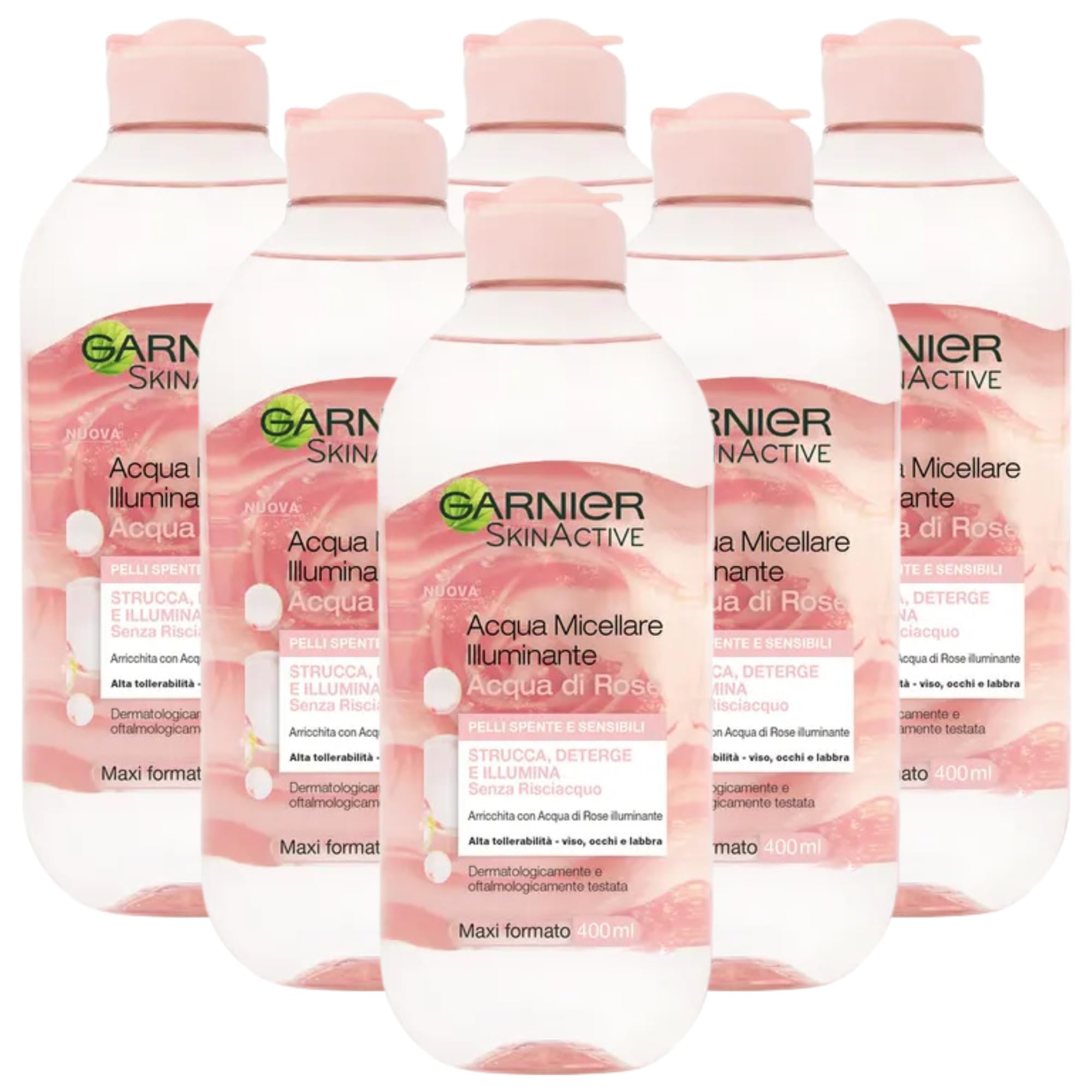 Acqua Micellare, Acqua di Rose, Tutto in 1: Deterge, Illumina e Strucca. Per Pelli Spente e Sensibili, Ipoallergenica - Zero Residui 400ml (6 Unità)