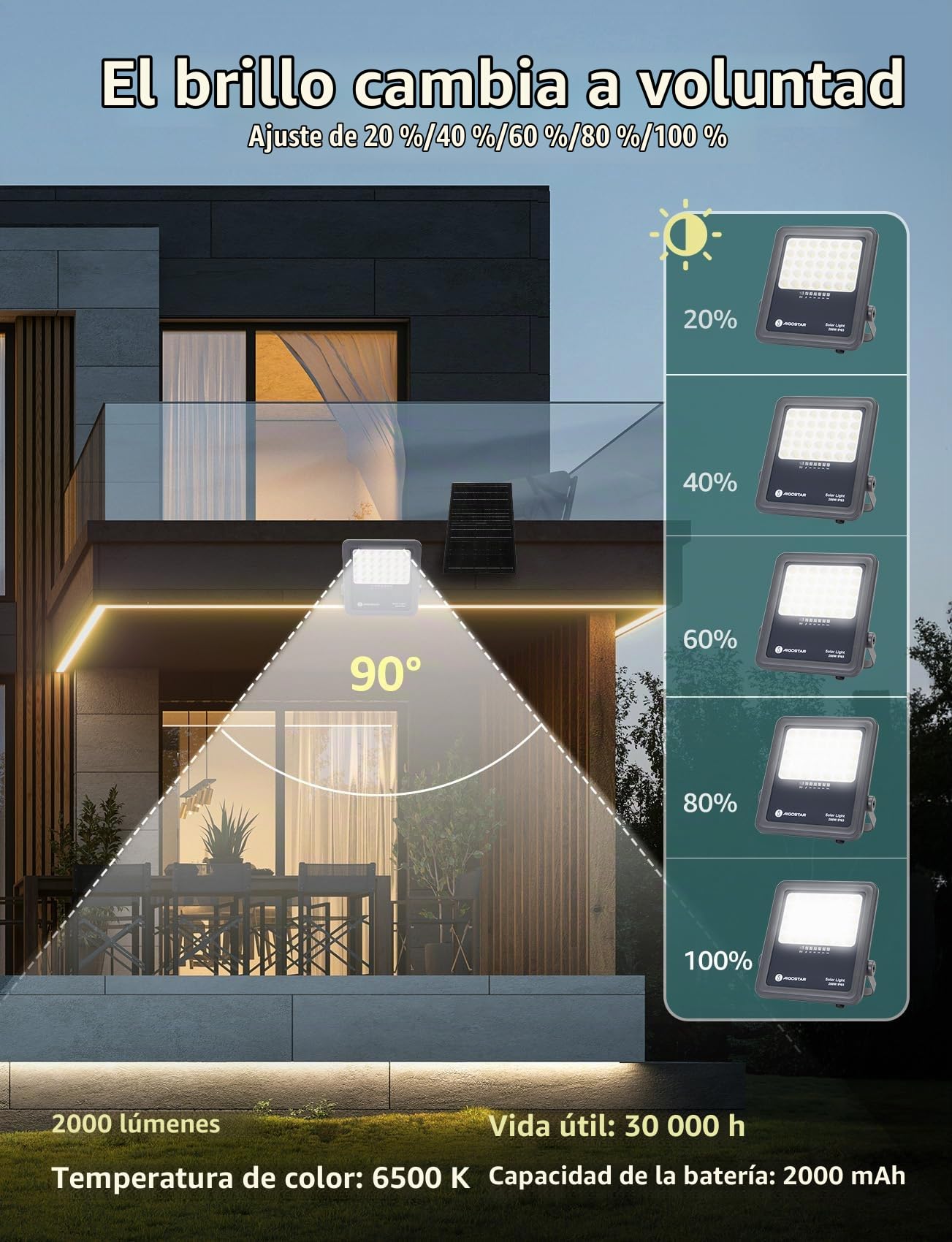Aigostar Foco proyector LED solar con control remoto 4 piezas,focos solare de 200W, 2000LM,luz blanca fría de 6500K,IP65 impermeable Luz solar exterior,para jardín,terrazas,caminos,garajes,cable de 2M