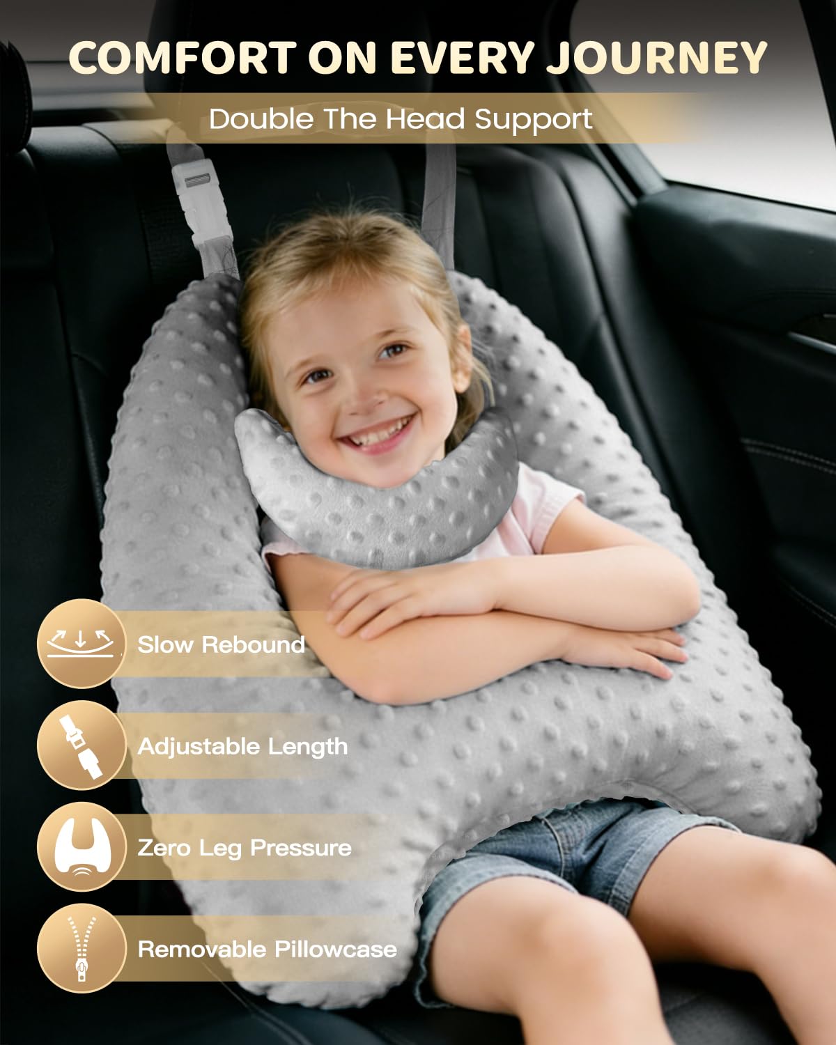 Oreiller de voyage en mousse à mémoire de forme pour enfants, oreiller de voiture en forme de H pour dormir, taie d'oreiller amovible, réglable, pois en velours, gris