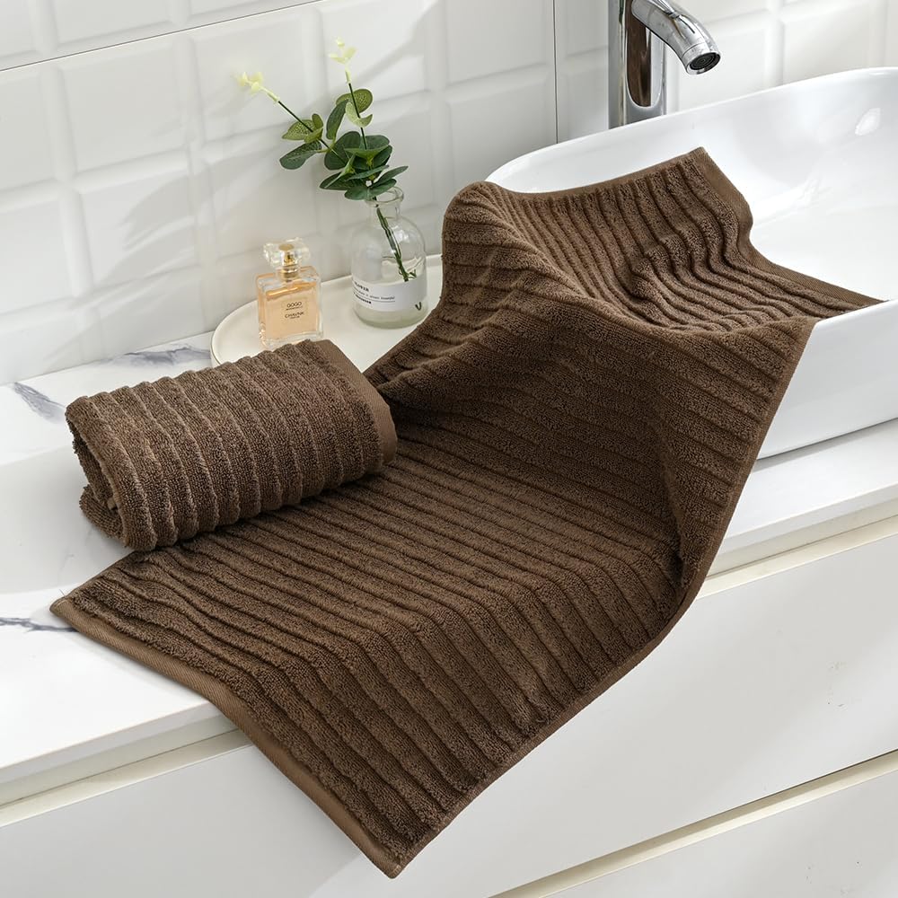 sense gnosis Super Soft Luxury Hand Towel Stereoscopic Ladder Striped Design 100% Cotton Absorbent Decorative Hand Towel for Bathroom 13 x 29 Inch (Brown, 2 Pack) - Image 2