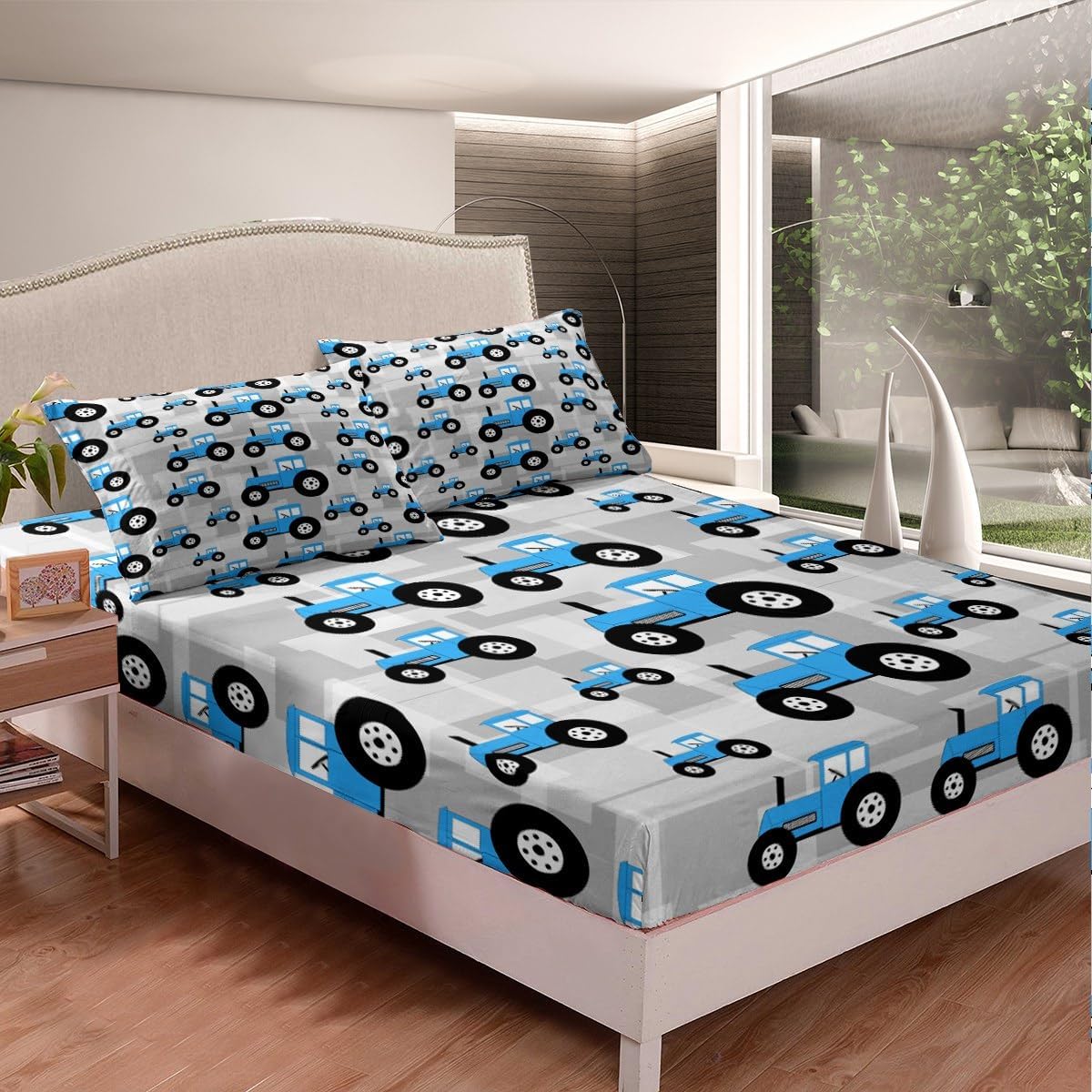 Feelyou Blue Tractor Sheets with Deep Pocket Fitted Sheet Cartoon Car Sheet Set for Boys Girls Farm Equipment Trucks Bed Sheets Set Harvester Tractor Bedding Set Queen Size Bed Set 4Pcs