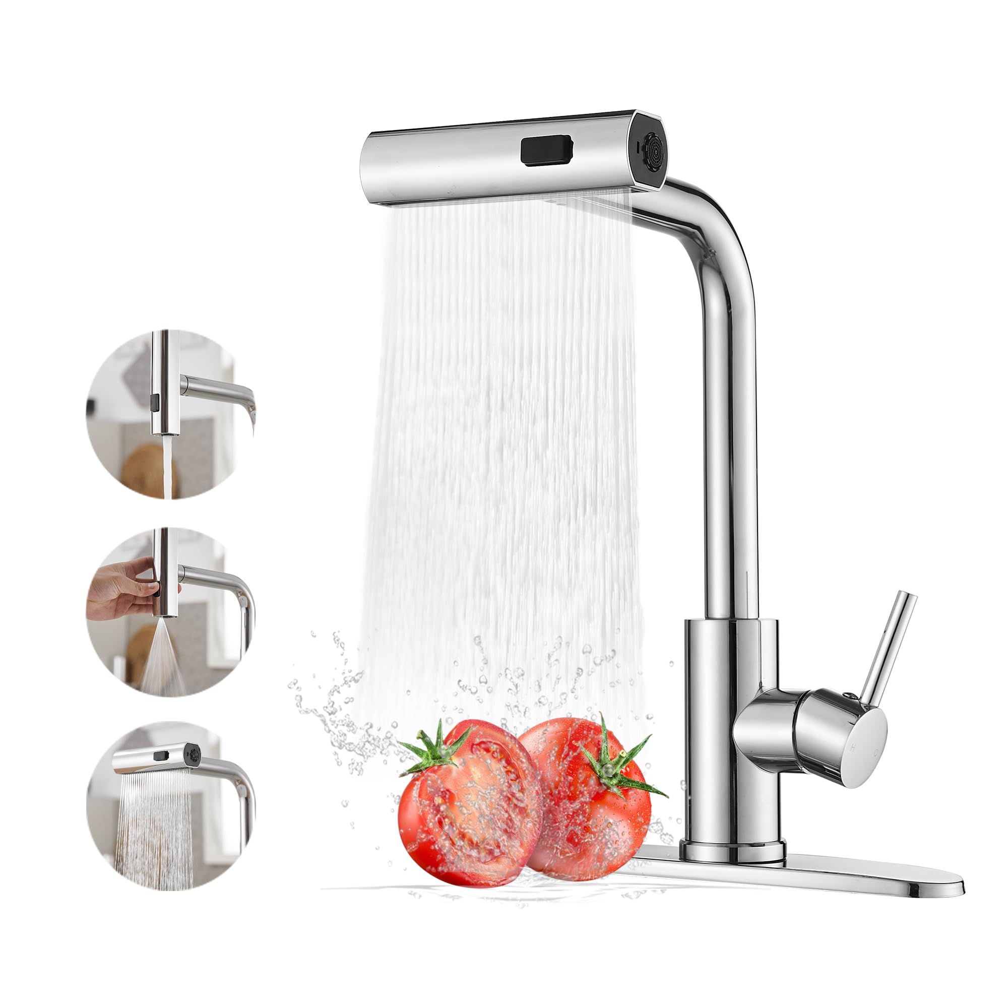 Waterfall Kitchen Taps with Pull Out Spray, Stainless Steel Kitchen Sink Taps, 3 Function Kitchen Mixer Tap with Pull Down Sprayer, 360°Swivel Single Lever Faucet for Bar (G1/2 UK