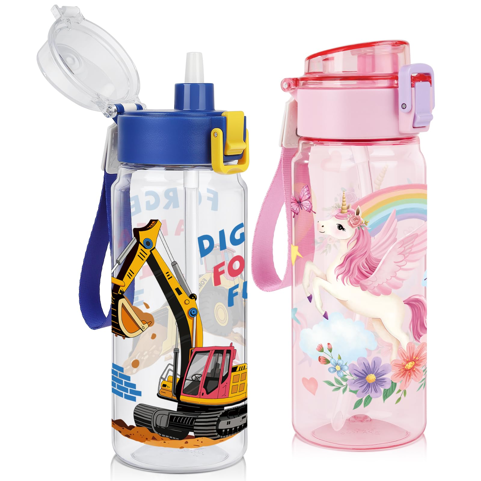 omedecal 550ml Tritan Plastic Kids Water Bottle for School Sports, BPA-Free, 2 in 1 Removable Straw or Direct Drink Water Bottle with Handle Strap, Pop-Up Lid, Excavator & Unicorn