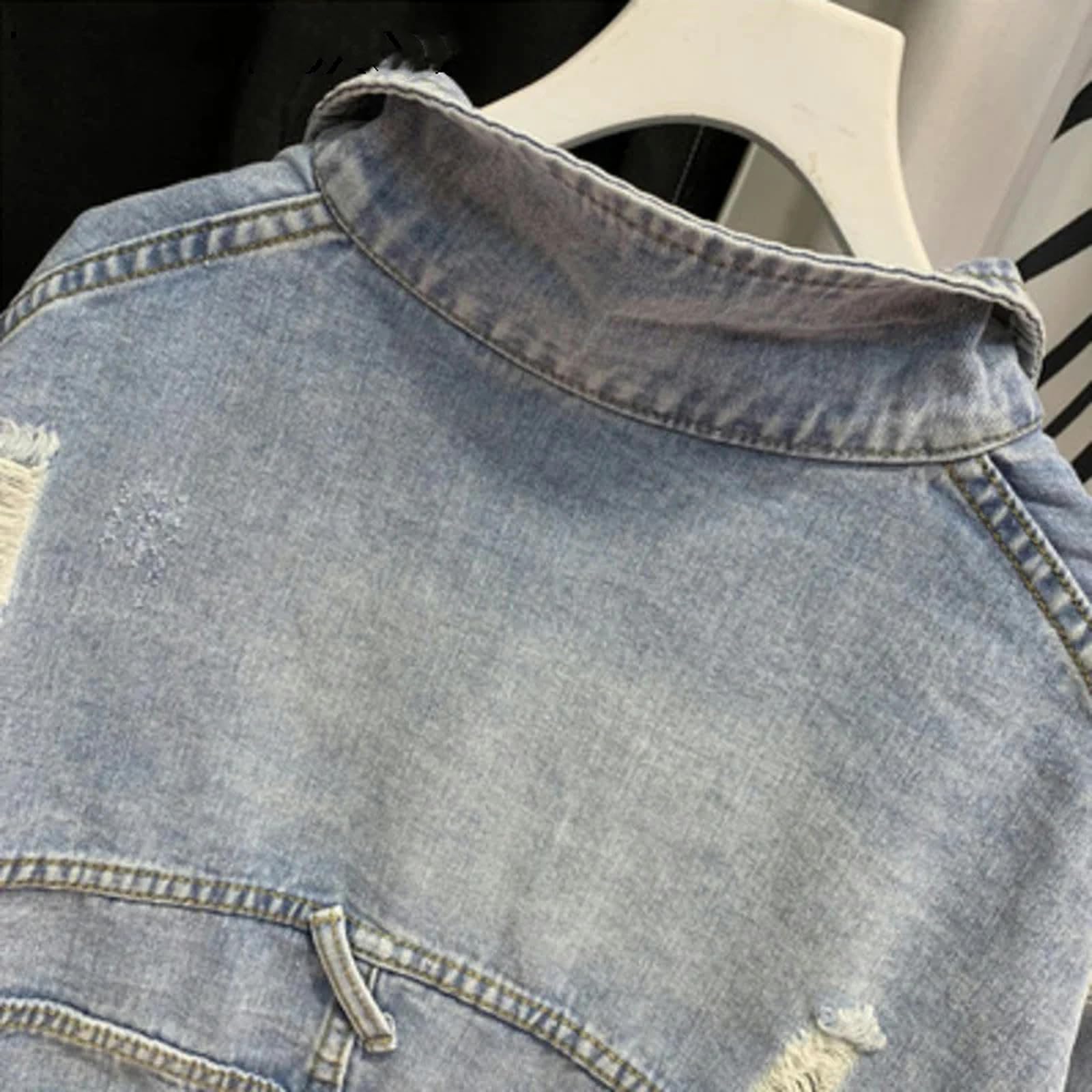 Giacca Uomo Giacca Jean Corta Manica A Pipistrello Hole Bat Women Giacca di Jeans Giacca di Jeans da Donna Strappato