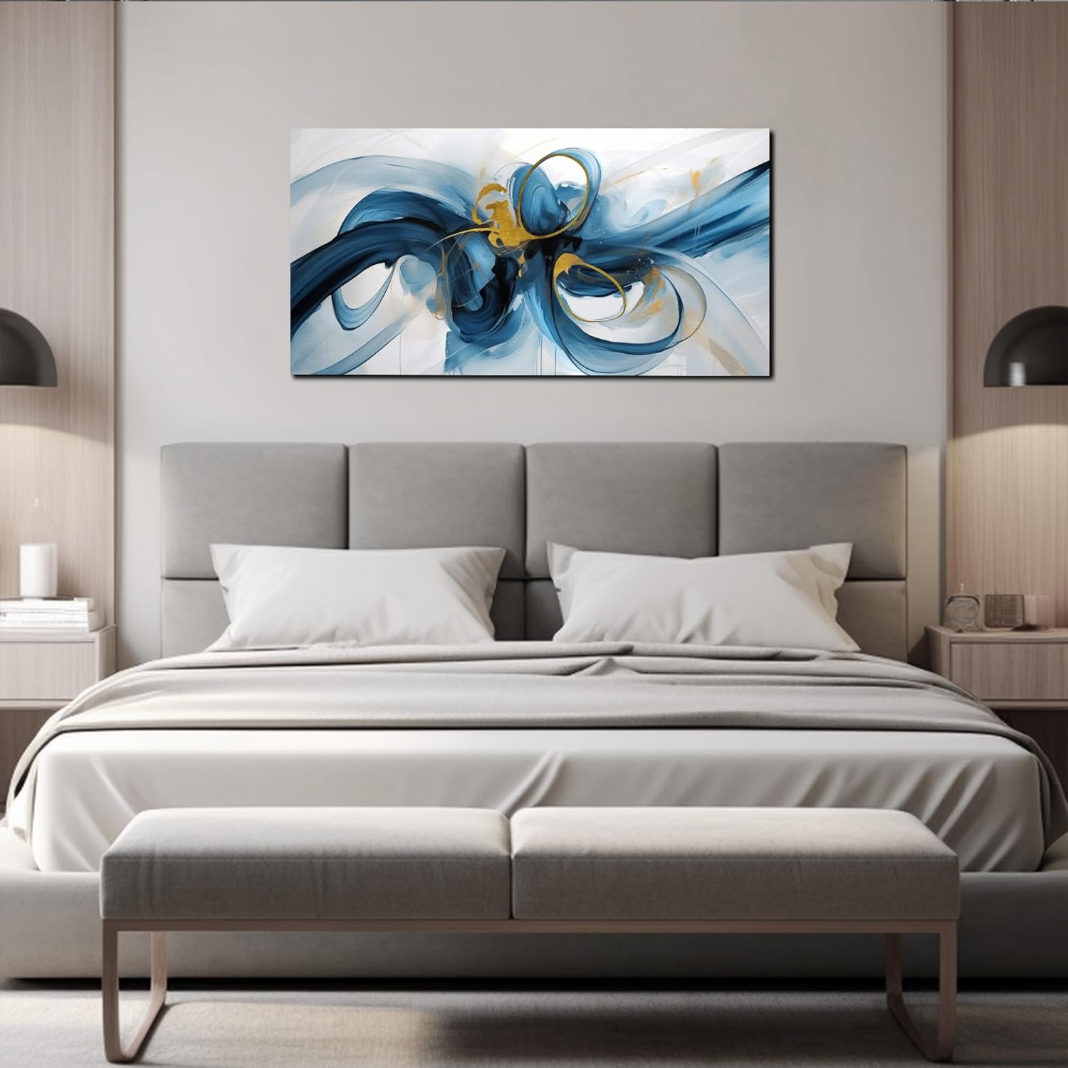 Large Wall Art Blue Abstract Canvas Wall Art Pictures for Living Room Office Wall Decor Decorative Canvas Painting Modern Framed Wall Art Artwork for Wall Print Ready to Hang Size 20x40 Inch