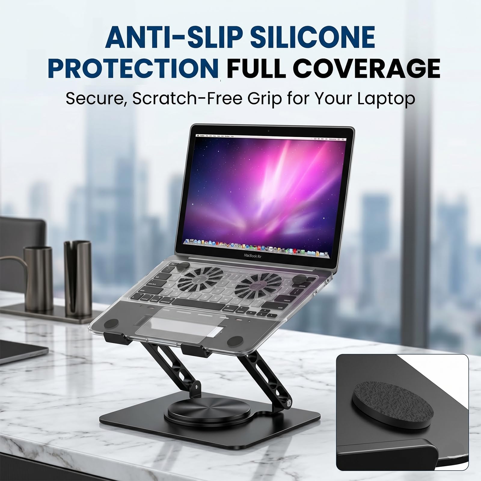 Supporto per computer portatile con doppia ventola di raffreddamento silenziosa, base girevole a 360°, supporto ergonomico per computer portatile, in acciaio al carbonio resistente, pieghevole