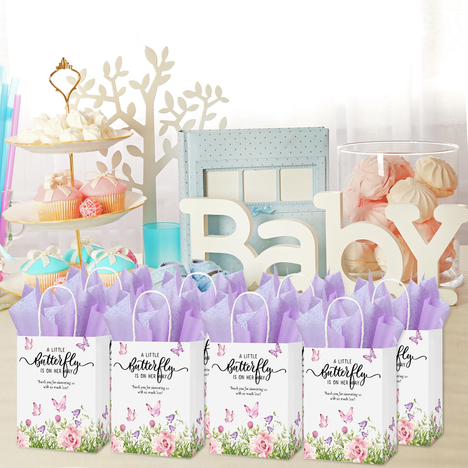 Engrowtic 50 Set Butterfly Baby Shower Party Gift Bags a Little Butterfly Is on Her Way Party Favors Purple Pink Floral Gift Bags with Handles for 50 Guests for Baby Shower Birthday Decorations