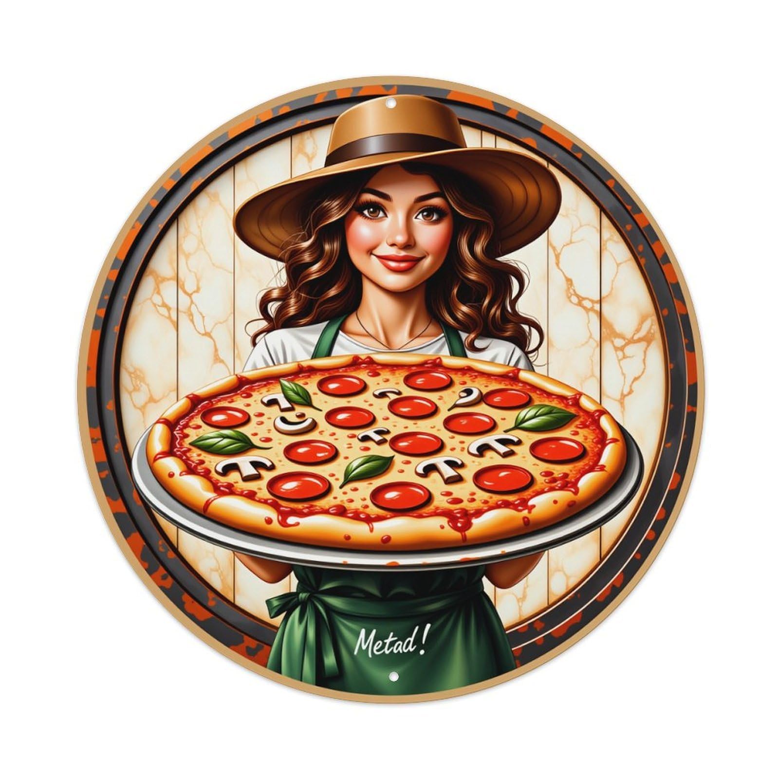Pizza Chef Hat Apron Wood Round Tin Sign Vintage Style Metal Sign Home Bar Garden Wall Plaque Decor Metal Poster 8x8 Inch