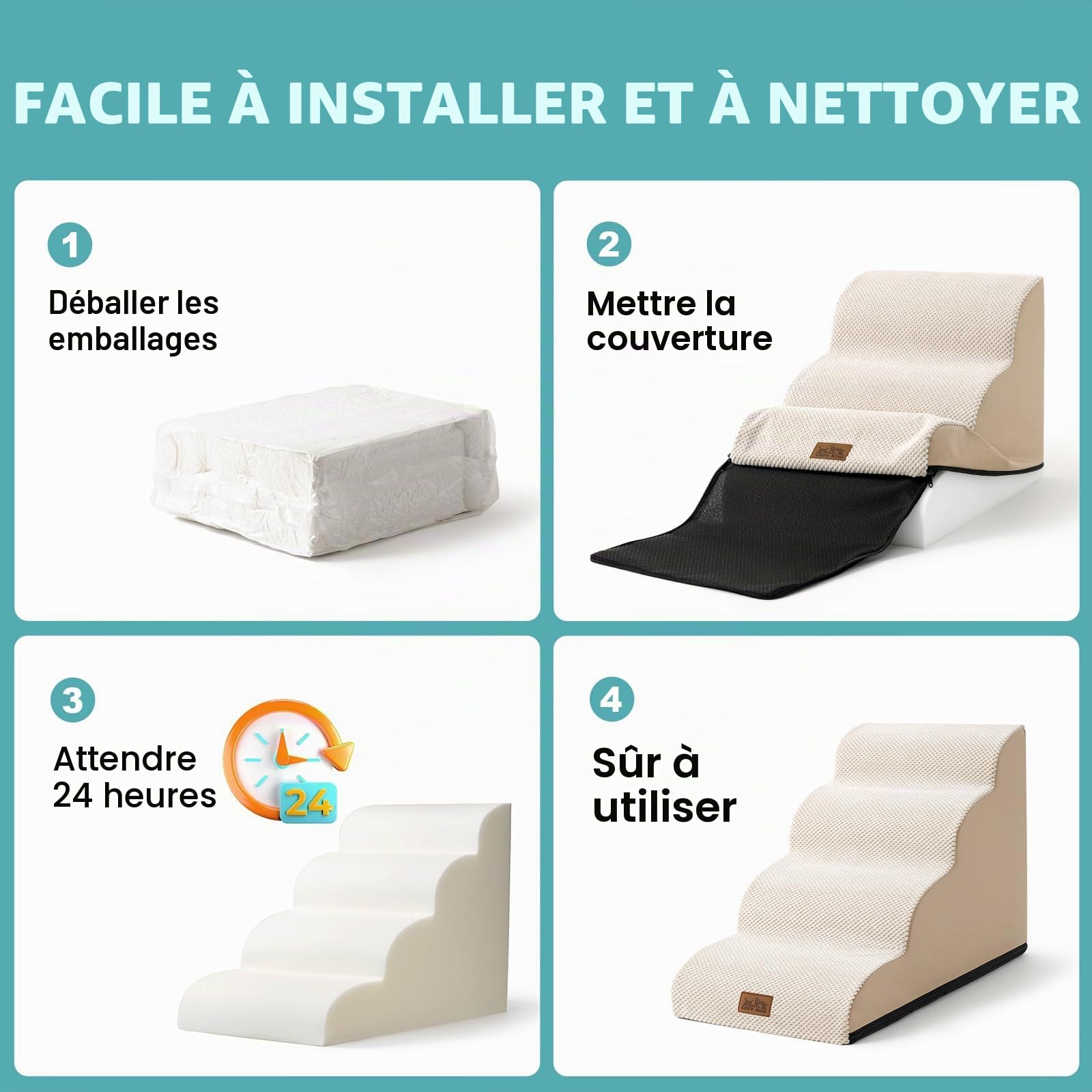 COZY KISS Escalier pour Chien, Étape pour Animaux en Éponge avec Couvercle Amovible, Échelle pour Chiot, Chat, Animaux Agés, Lit et Sofa, Léger, Durable (Beige, 40x57x40cm, 3)