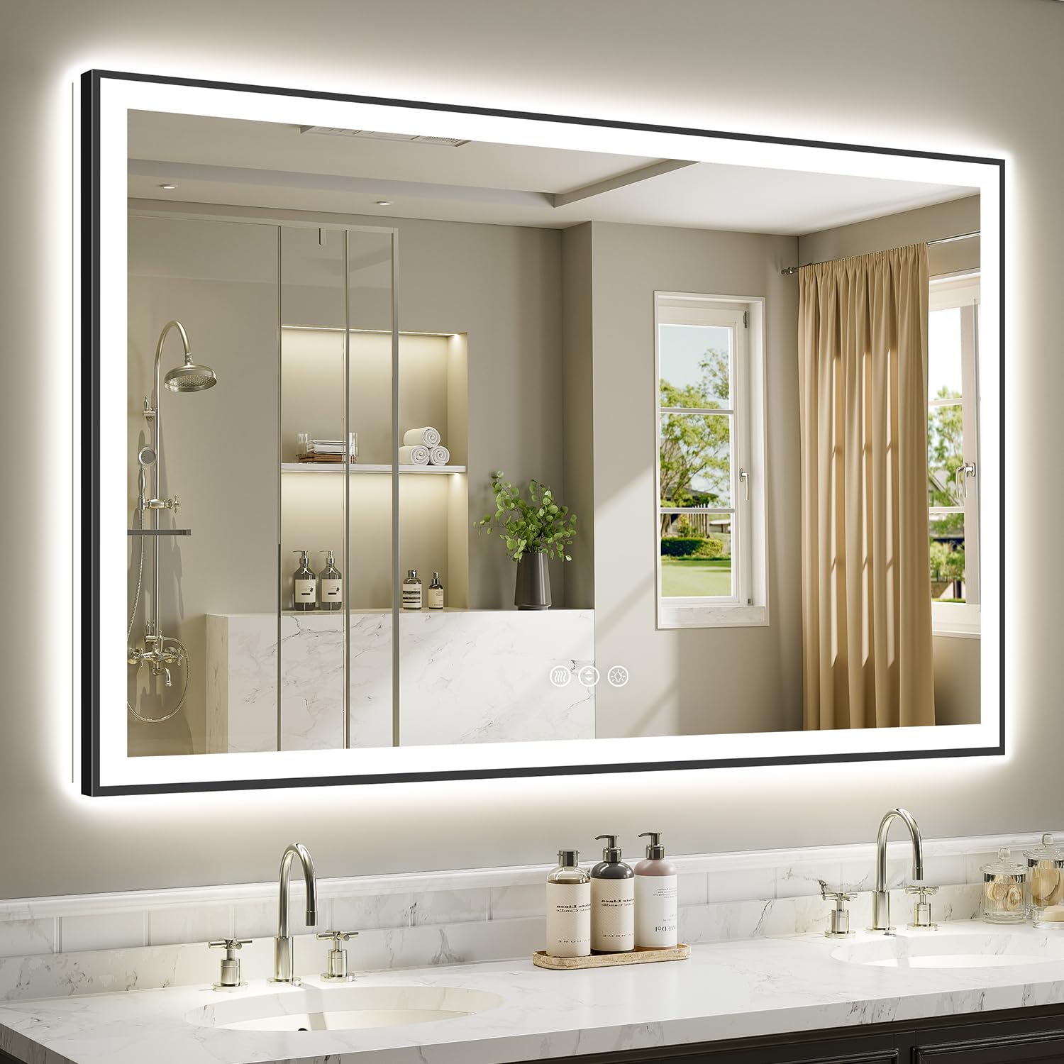 66x40 LED Bathroom Mirror with Lights, Black Framed Lighted Mirror