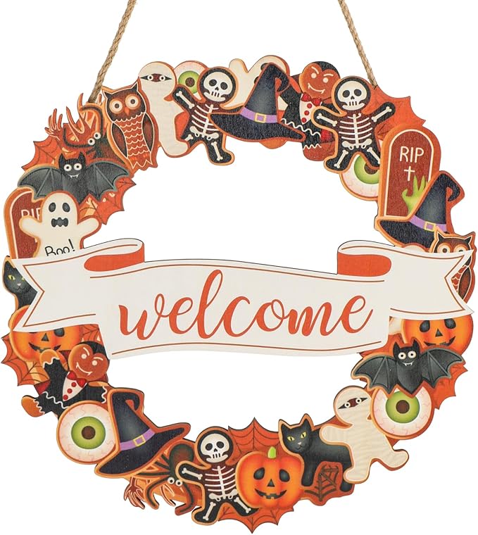 Halloween Wooden Wreath,Welcome Hanging Sign Decorations,Ghost Pumpkin Skull Wood Wreath for Front Door, Halloween Vintage Rustic Door Sign for Indoor Outdoor Decoration