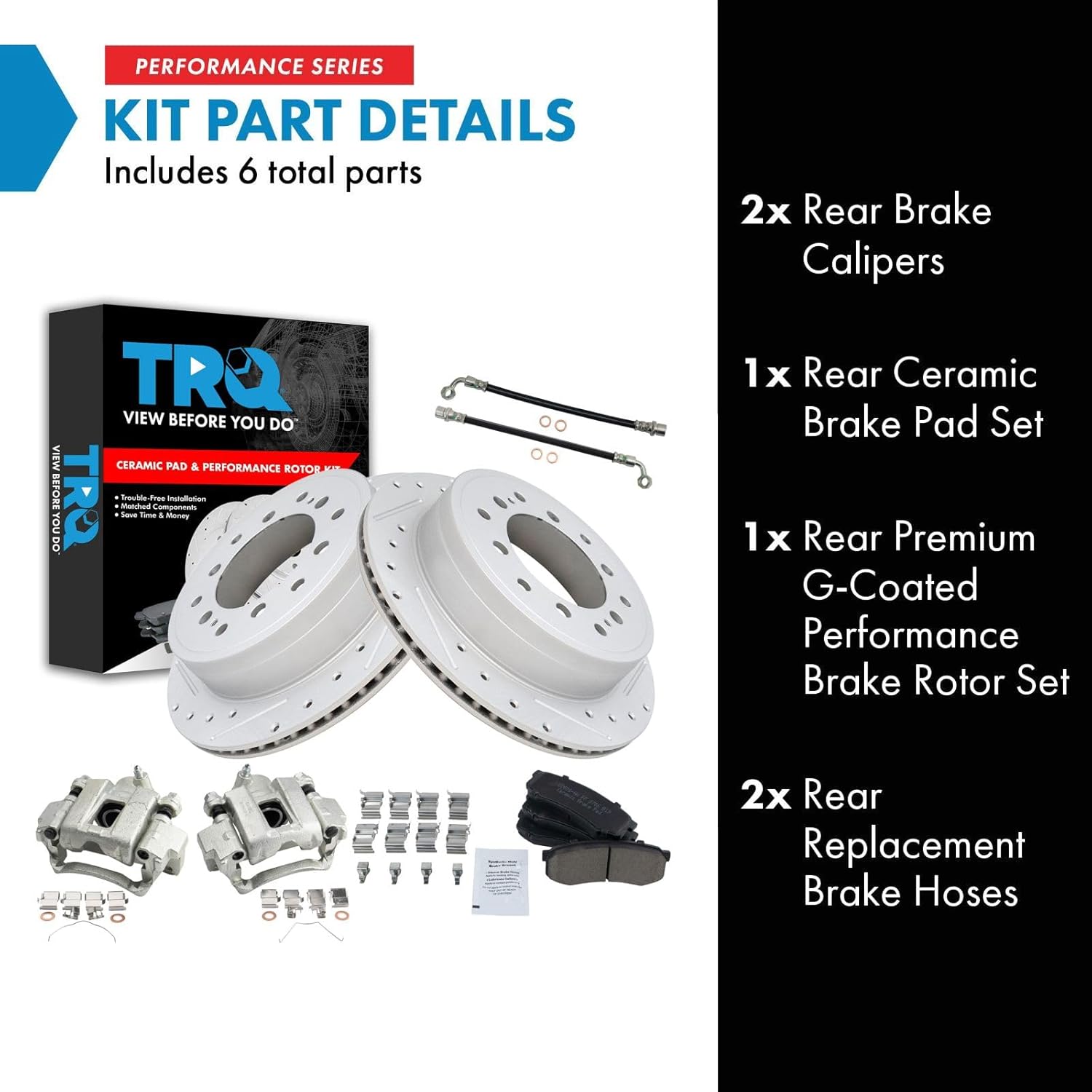 TRQ Rear Brake Pad and Rotor Set Ceramic Slotted Drilled Calipers Compatible with 2010-2021 Lexus GX460 2010-2020 Toyota 4Runner