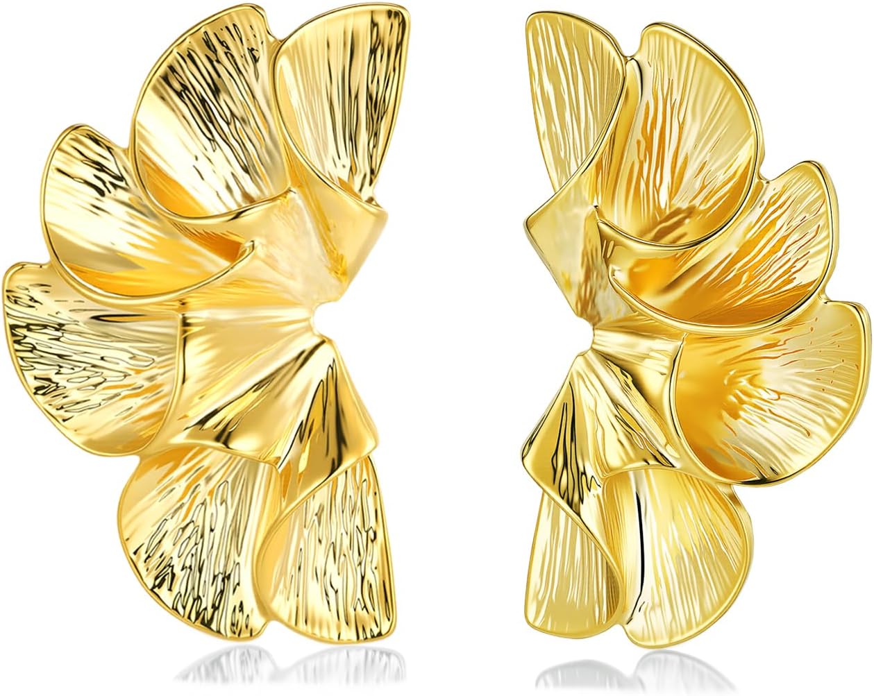 18K Gold Plated Large Chunky Flower Statement Earrings for Women by SNGIA, Summer Beach Floral Handmade Drop Jewelry, Maximalist Wedding Date Birthday Gift, Bold Exaggerated Textured Dangle Trendy Ribbed Jewelry, 18K Gold Plated Chandelier Fashion Accessories, Vintage Hammered Thick Nickle Free Gifts.