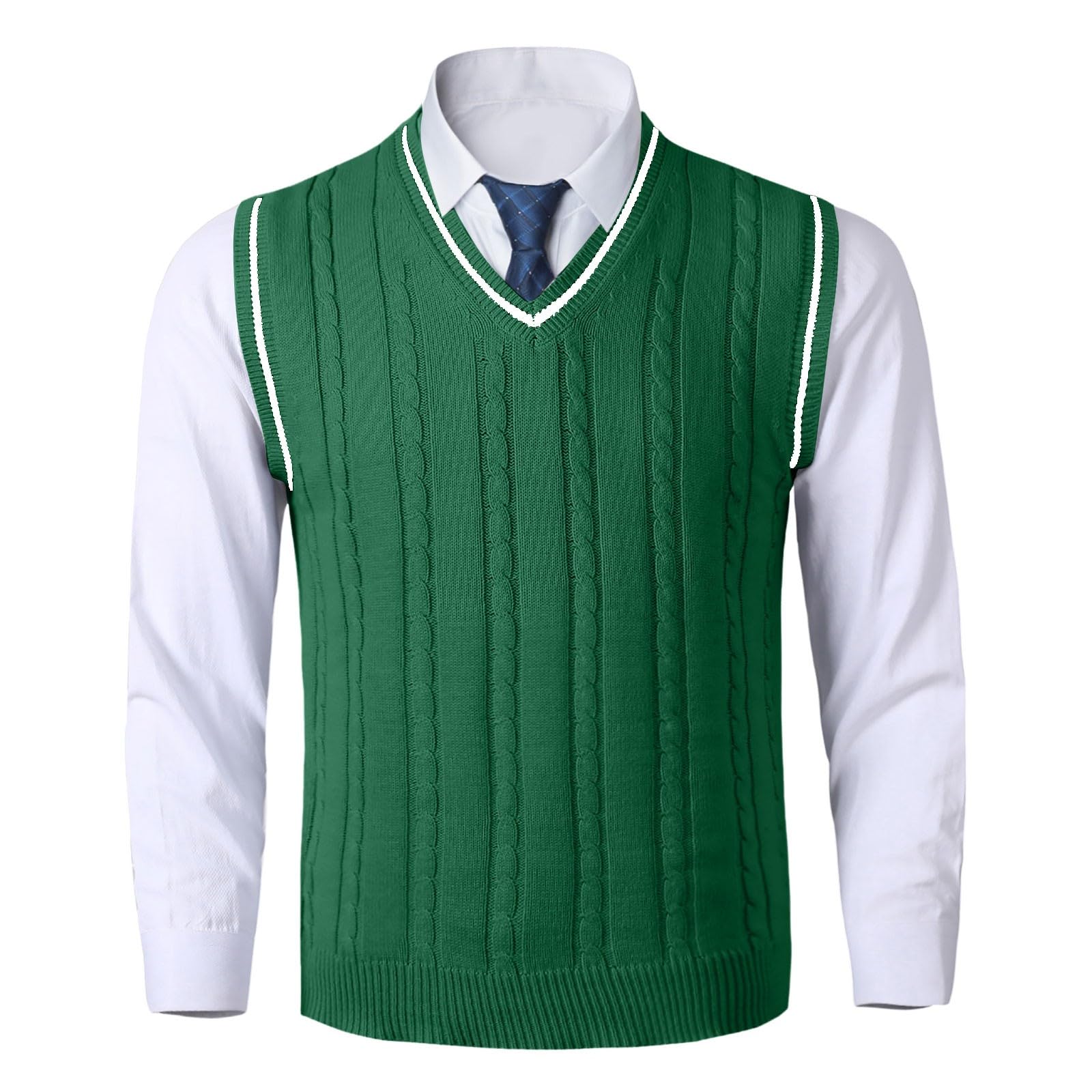 Gilet lavorato a maglia da uomo, scollo a V, senza maniche, con bottoni, maglione invernale, slim fit, lavorato a maglia, maglione spesso, per il tempo libero, motivo treccia, misto lana, per