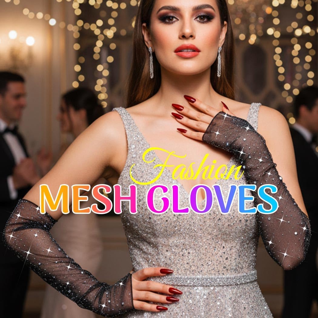 CASDRE Sparkly Rhinestone Long Gloves Fingerless Mesh Elbow Length Arm Sleeves Prom Costume Gloves for Women - Image 4