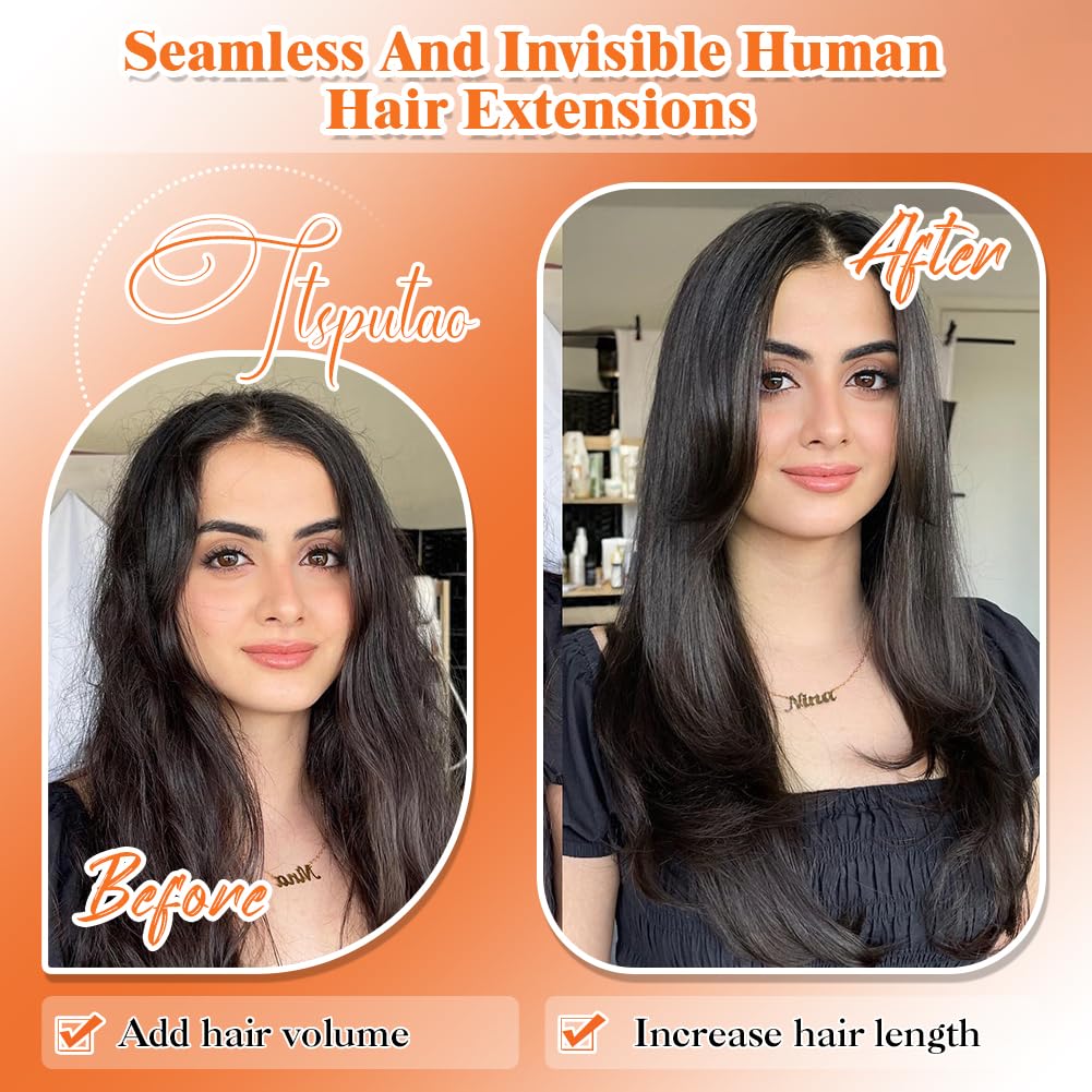 Tape in Hair Extensions Human Hair, 18 Inch Natural Black Hair Extensions Real Human Hair Tape in Extensions 20pcs 50g Seamless Invisible Skin Weft Straight Remy Human Hair Extensions for Women Girls