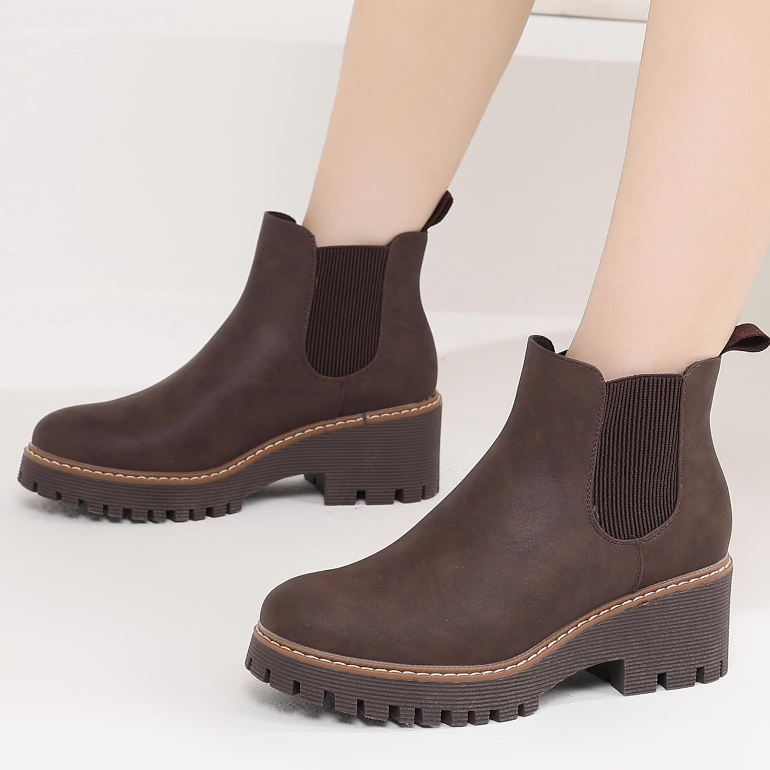 DECARSDZ Womens Chunky Platform Chelsea Boot With Elastic Low Wedge Heel Slip On For Fall Work Suede Leather Classic Style Ankle Boots Women - Image 3