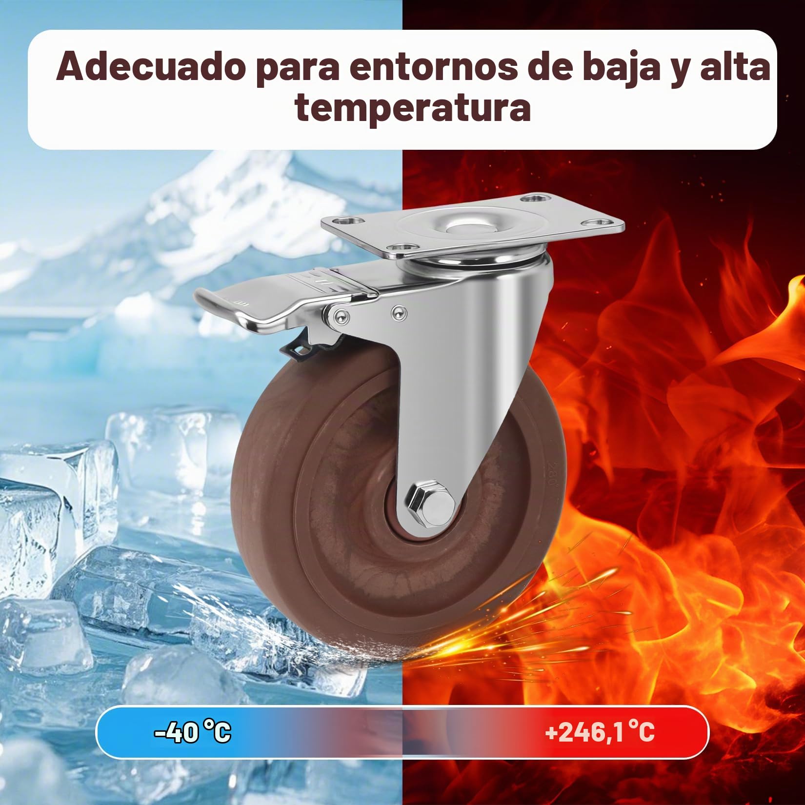 125mm Ruedas Resistentes al Calor, Carga de 1000KG, Rueda Giratorias Industriales con Freno, Resistentes -20°C a +250°C, Pesadas Ruedas de Nylon para Carros, Taller Fundición,Juego de 4