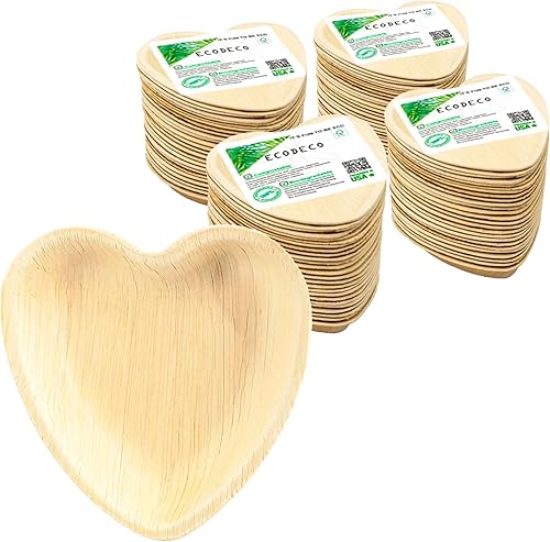 ECODECO Platos de fiesta de hoja de palmera, 100 platos desechables naturales en forma de corazón de 4 pulgadas, platos estilo bambú para aperitivos