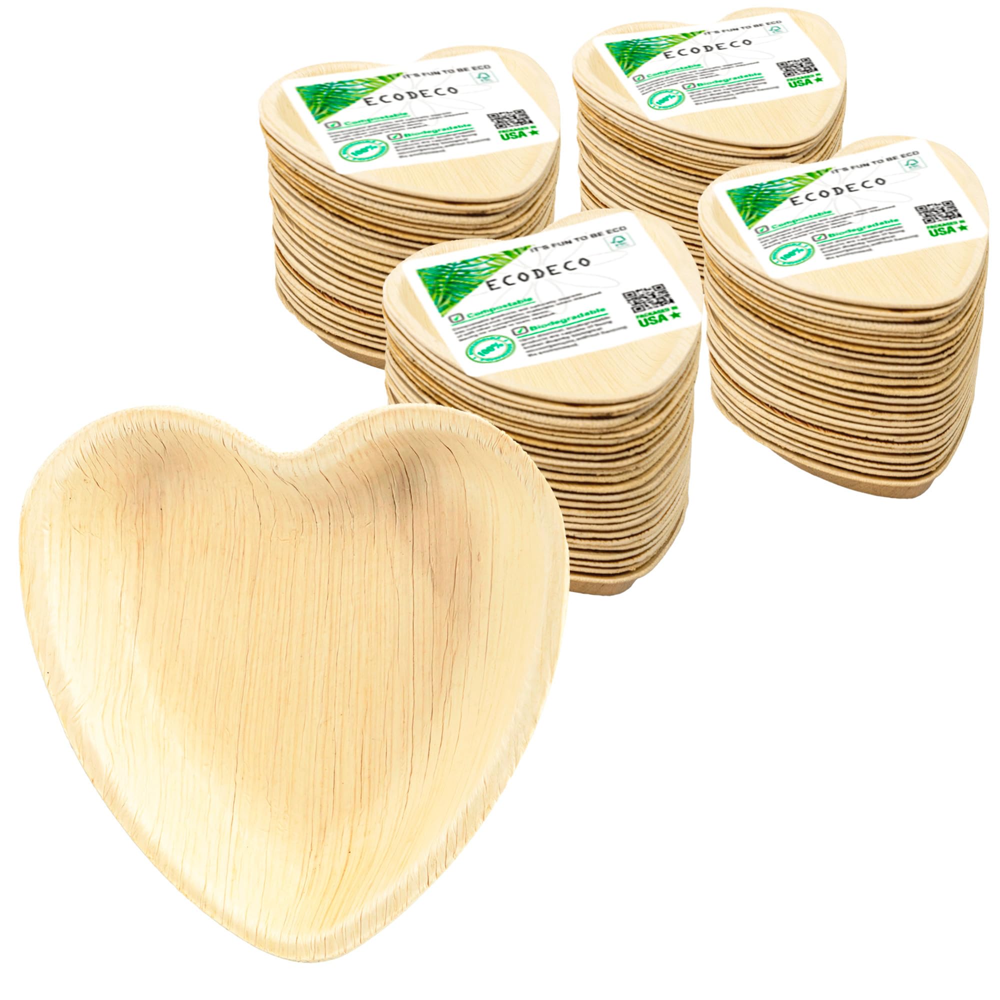 ECODECO Palm Leaf Party Plates - 100 Heart-Shaped 4-Inch Natural Disposable Plates – Bamboo-Style Plates for Appetizers and Desserts