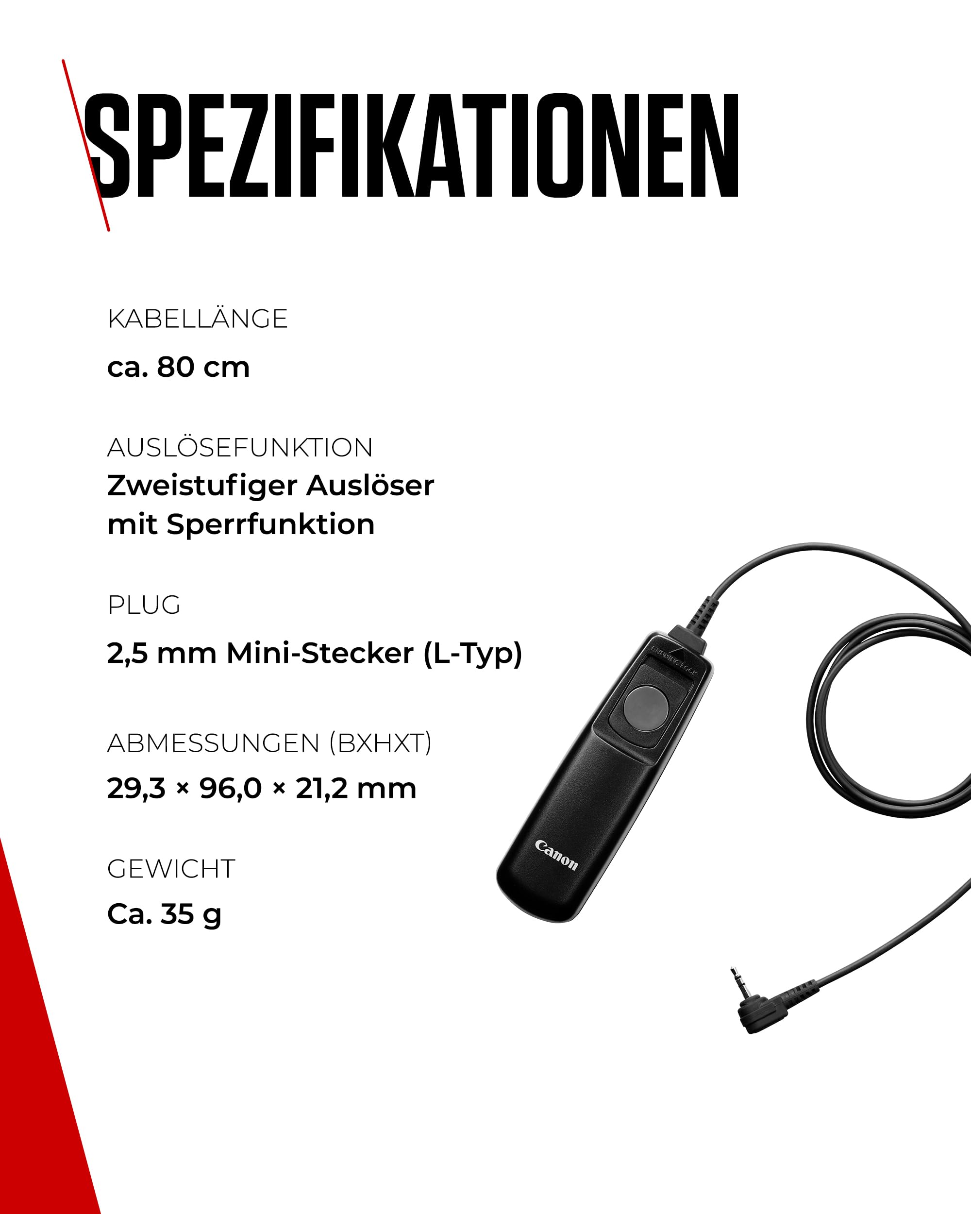 Canon RS-80E3 Kabelgebundener Fernauslöser - Verbesserte Auslösersteuerung - Ideal für Langzeitbelichtung, Makro- & Stativfotografie - Kompatibel mit Canon EOS & DSLR-Kameras