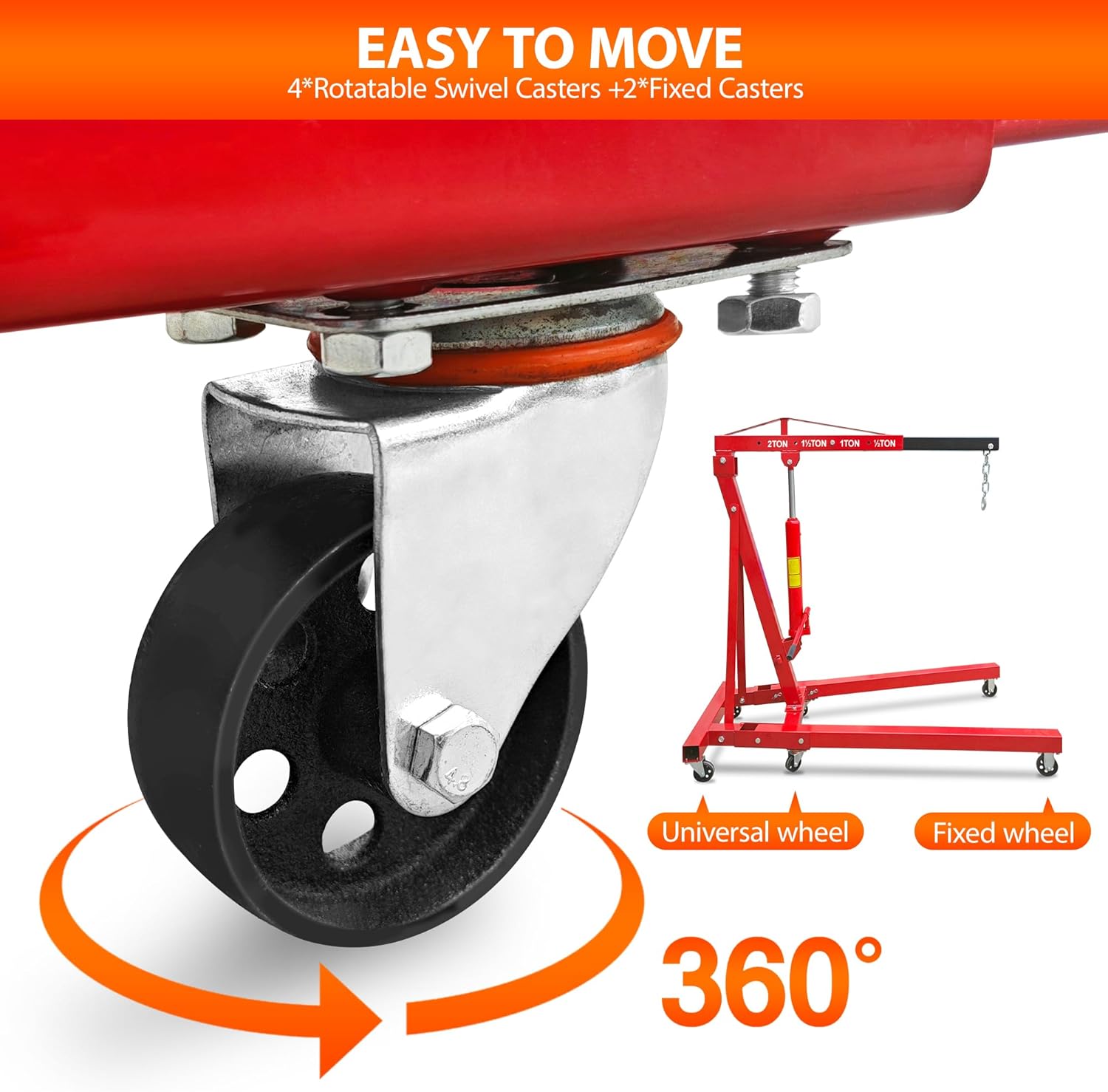 4400 LBS Engine Hoist with Lever, 2 Ton Heavy Duty Engine Crane Cherry Picker, Foldable Engine Lift Shop with 6 Casters and Telescopic Boom Hitch, Red