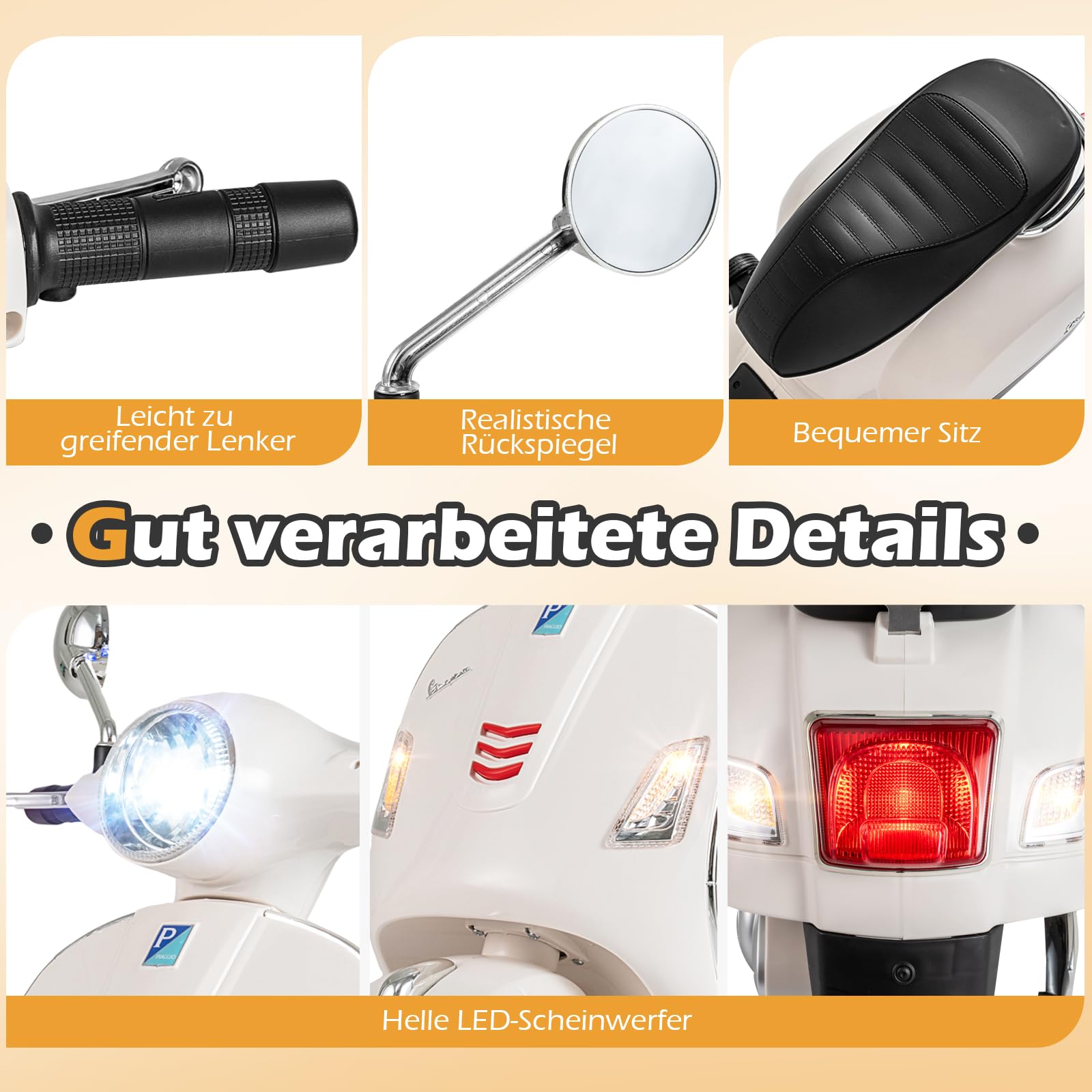 COSTWAY Kinder Motorrad Elektrisch, Vespa 12V Motorrad mit LED-Scheinwerfer & Hupe, 2-3 km/h Elektro Kindermotorrad mit Stützrädern, Elektrofahrzeug für Jungen & Mädchen von 3-6 Jahren (Weiß)